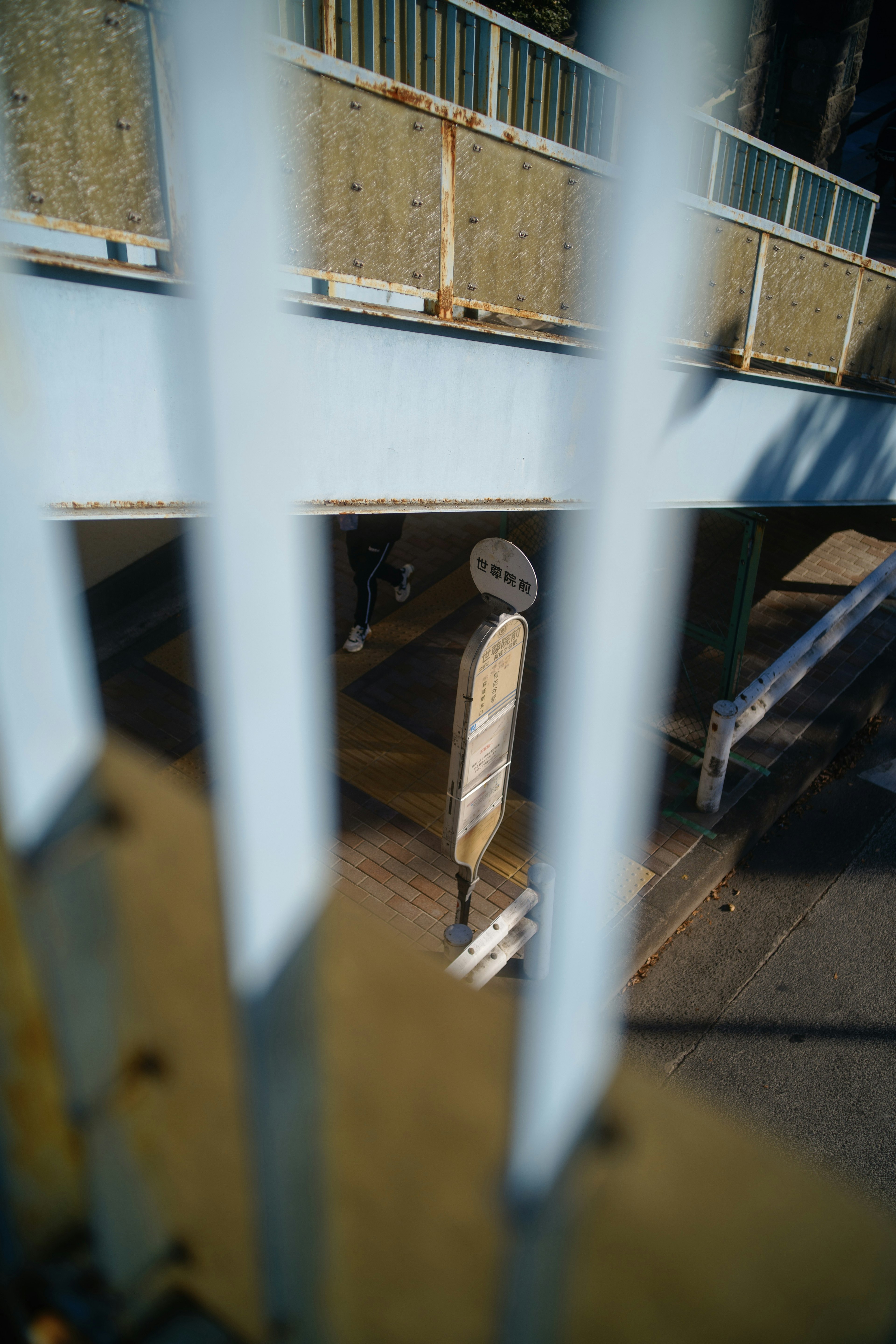 View of a bus stop sign and road through blue railings