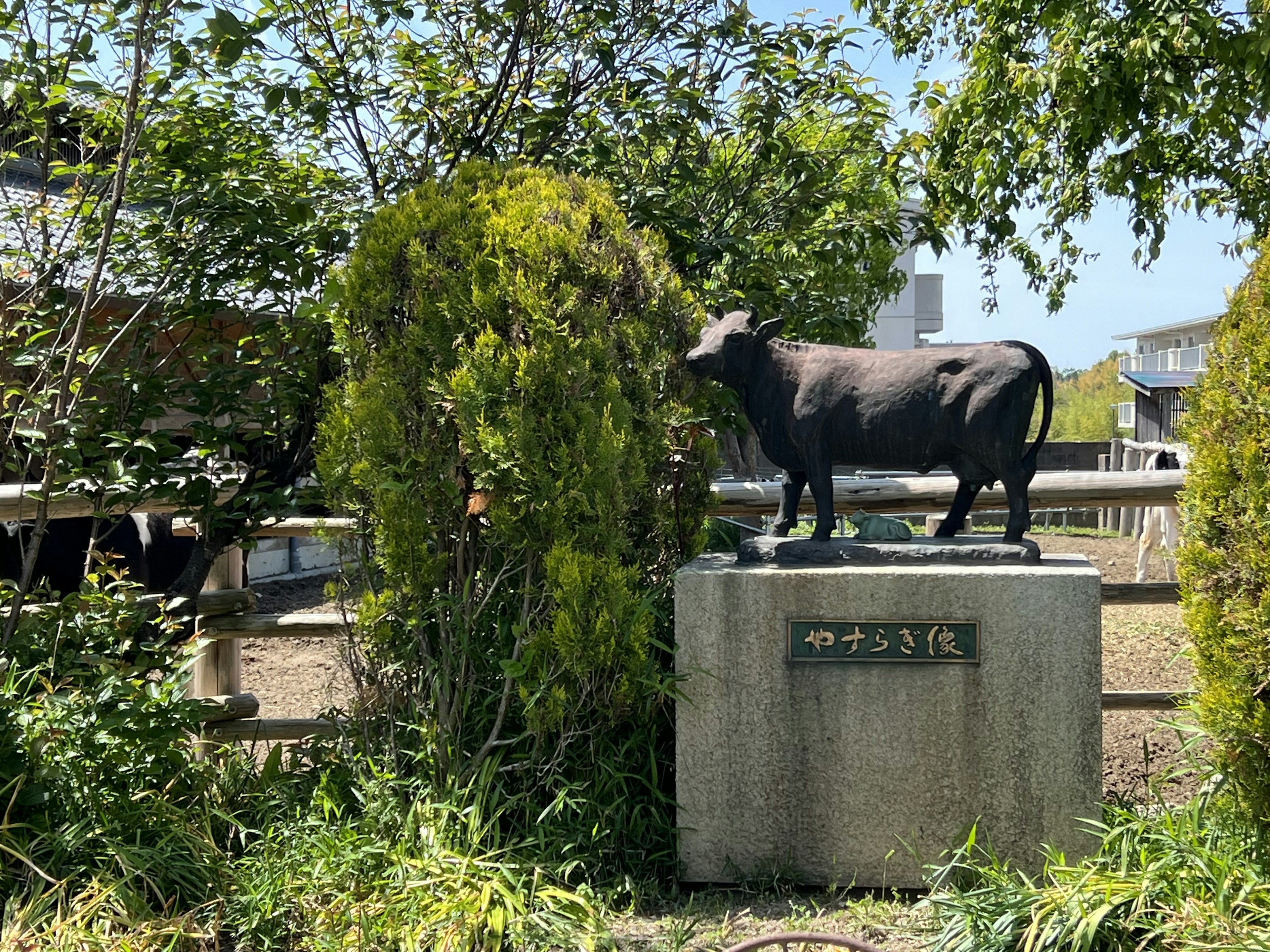 A bronze statue of a cow standing near green plants