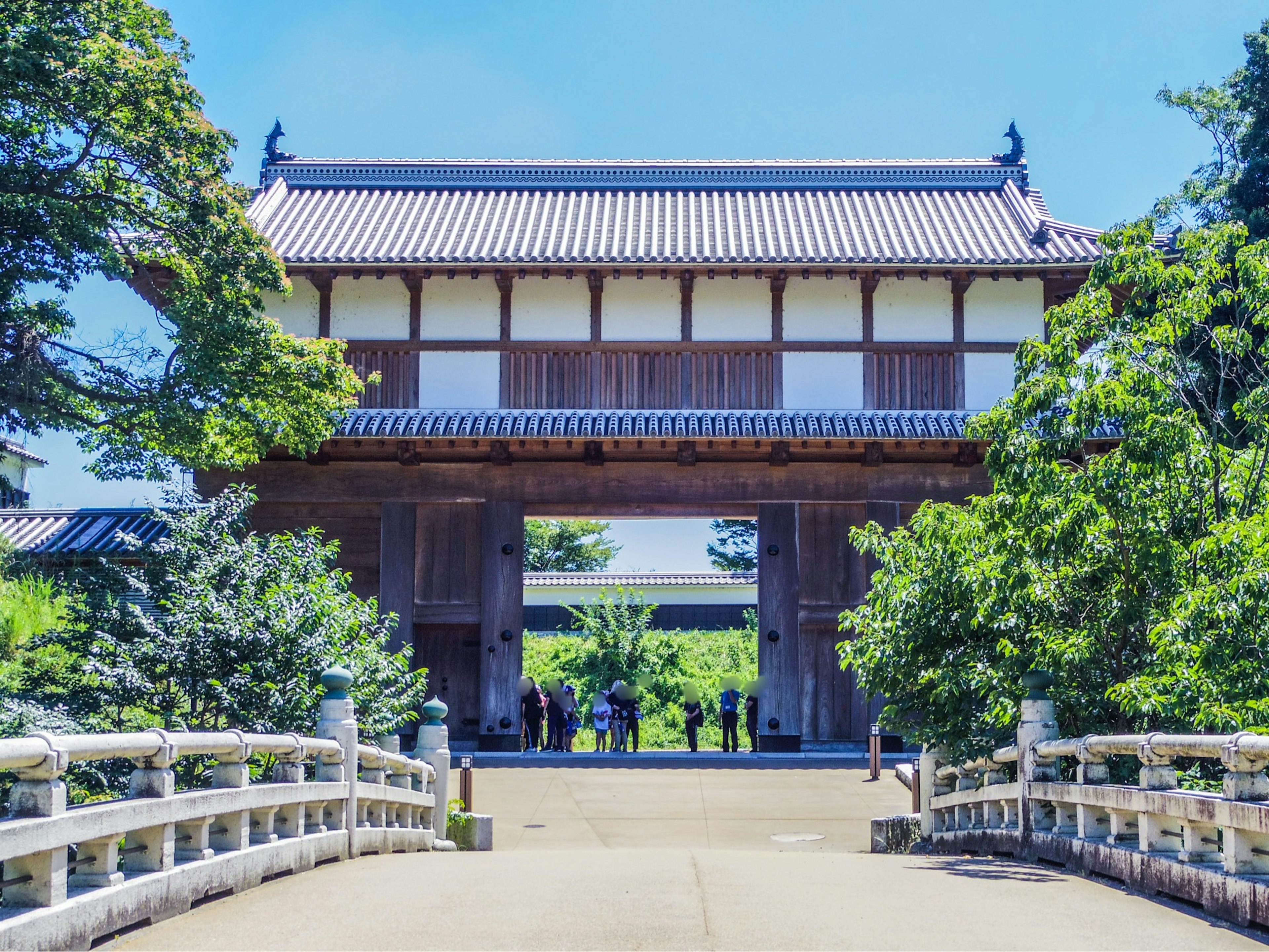 Schöne japanische Tor mit einer Brücke umgeben von Grün