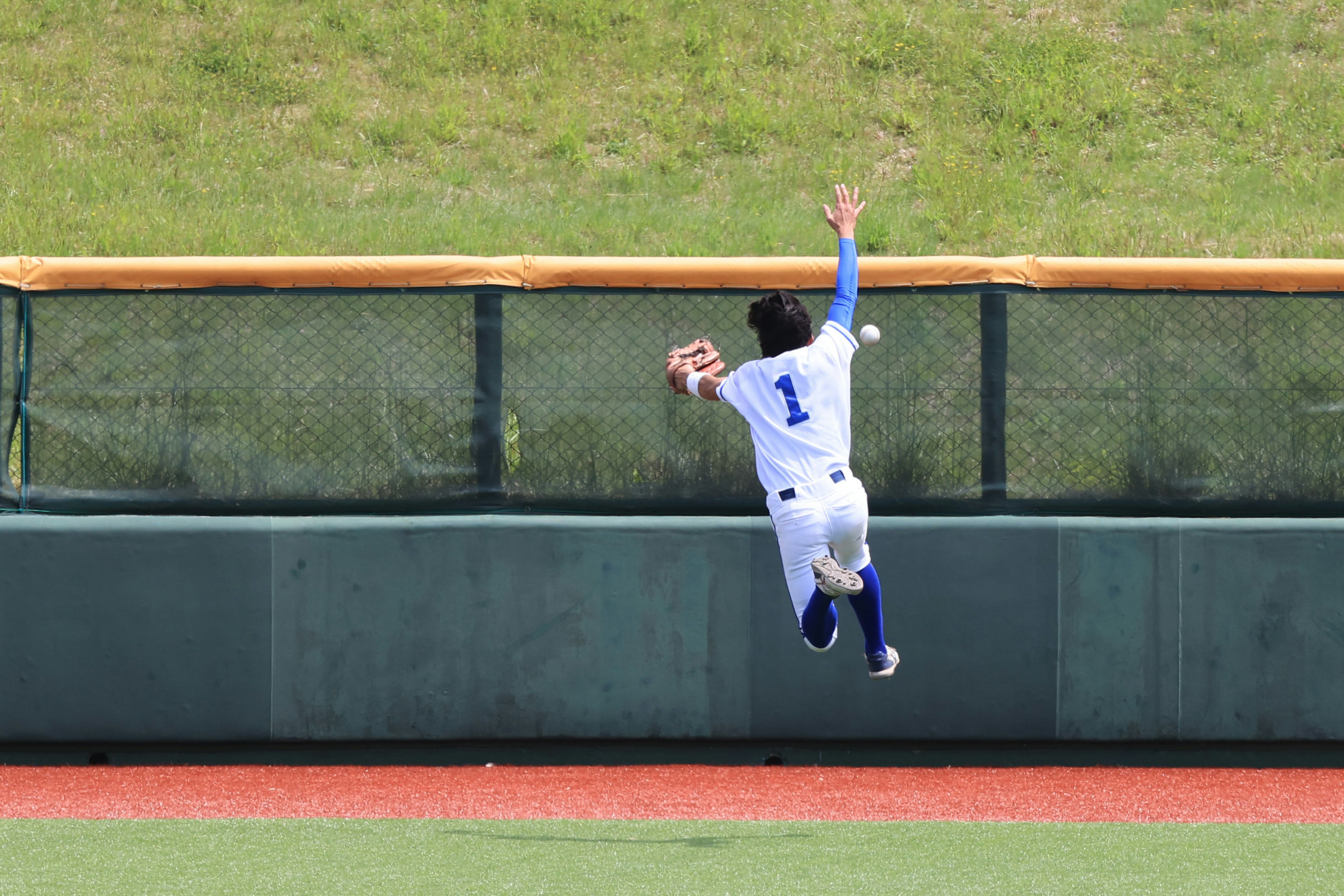 Giocatore di baseball che salta per prendere una palla sopra la recinzione