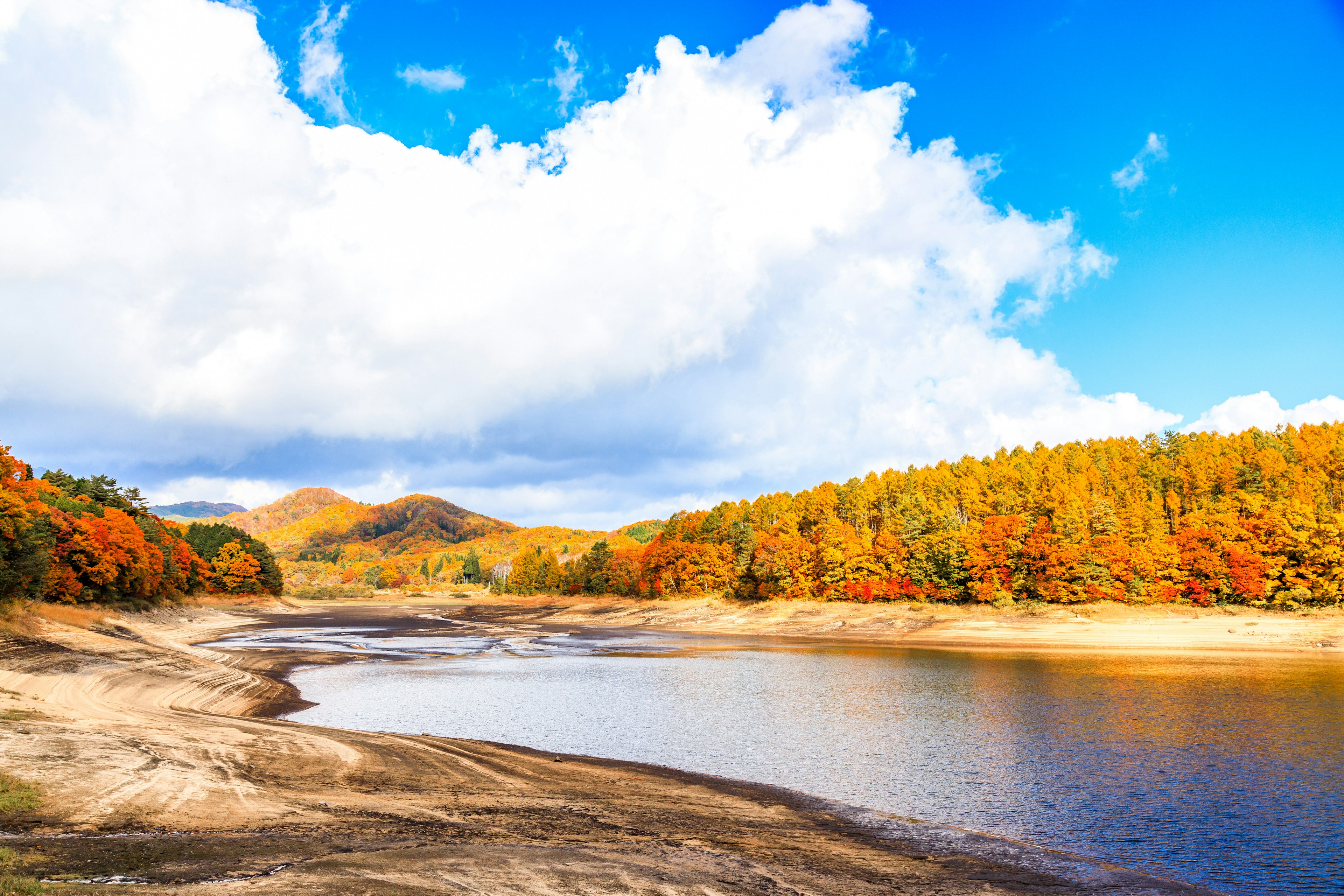 Hermoso paisaje de otoño con árboles coloridos y cielo azul junto a un río tranquilo