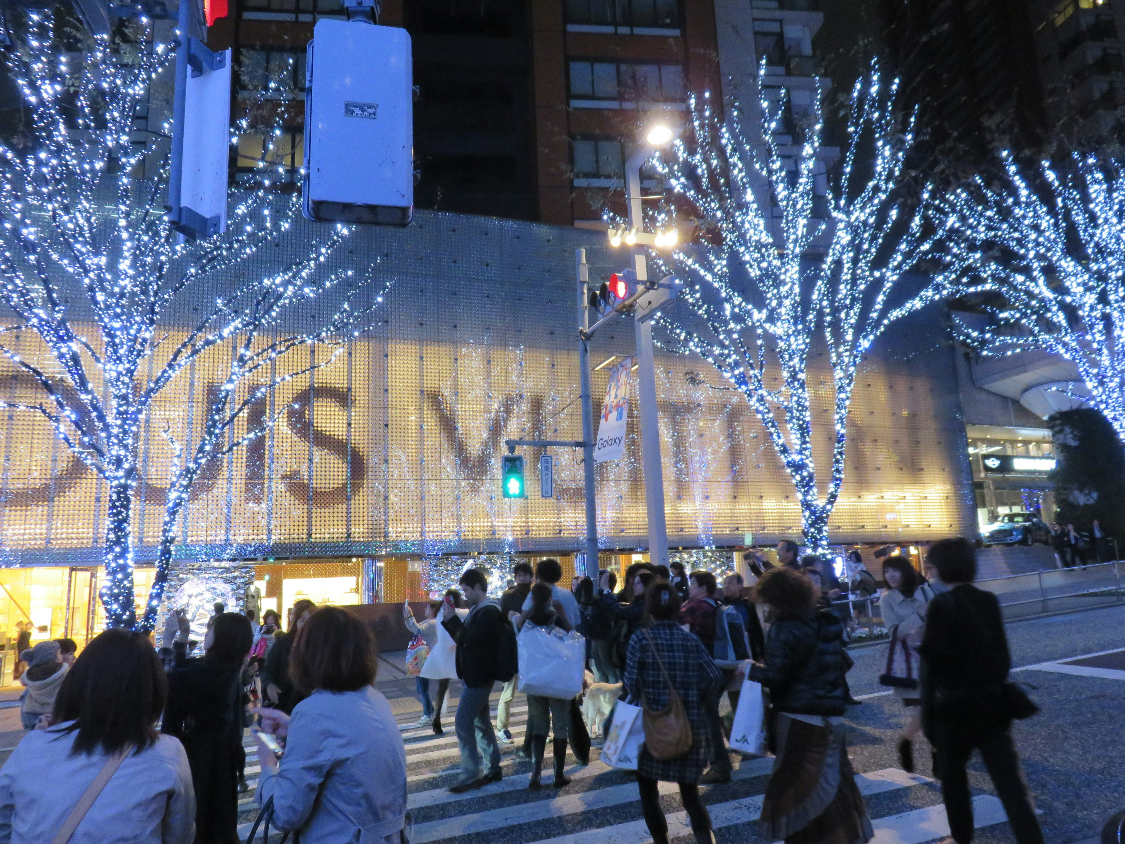 Foule devant le magasin Louis Vuitton avec des arbres illuminés en bleu