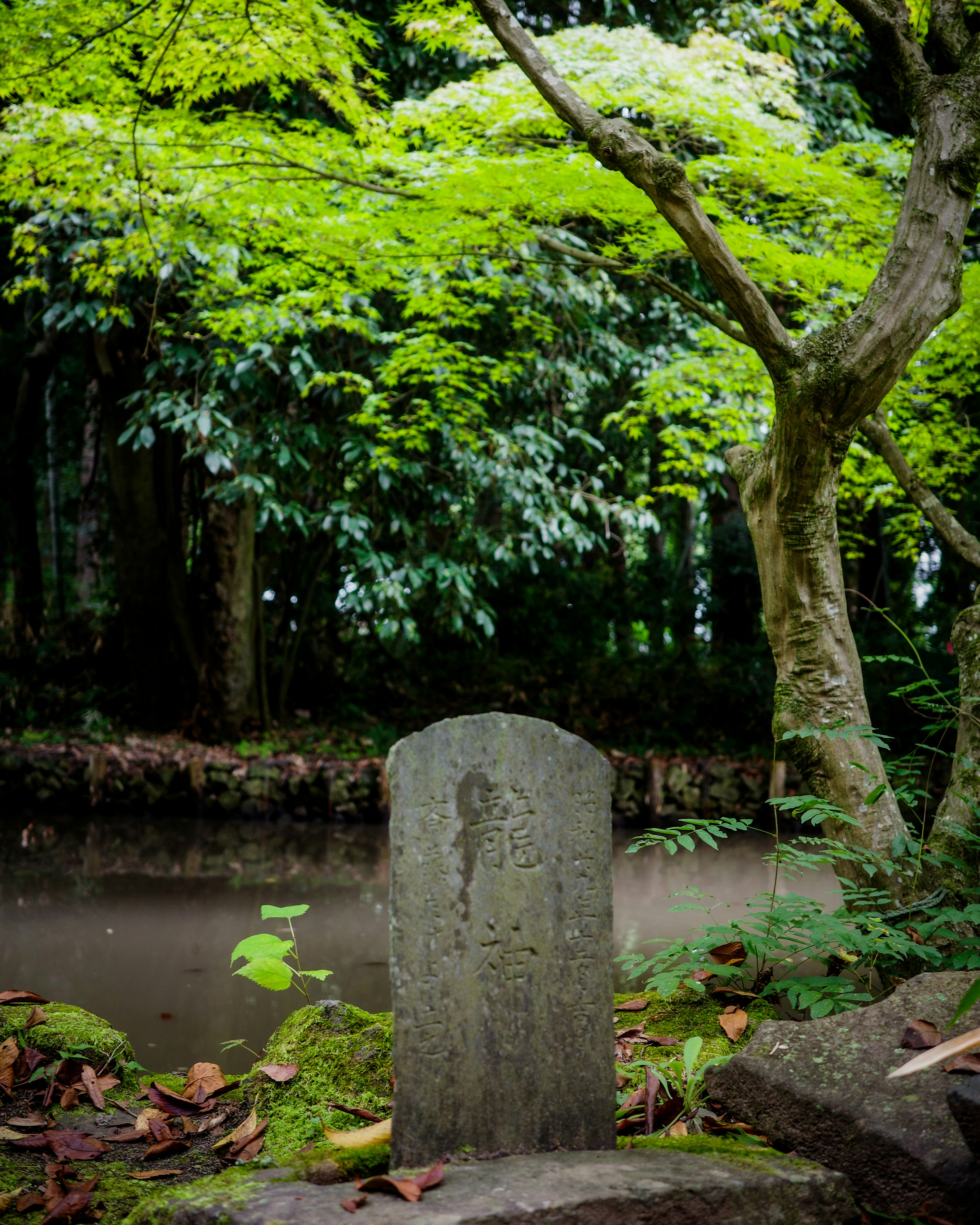 An old stone monument surrounded by green trees near a pond