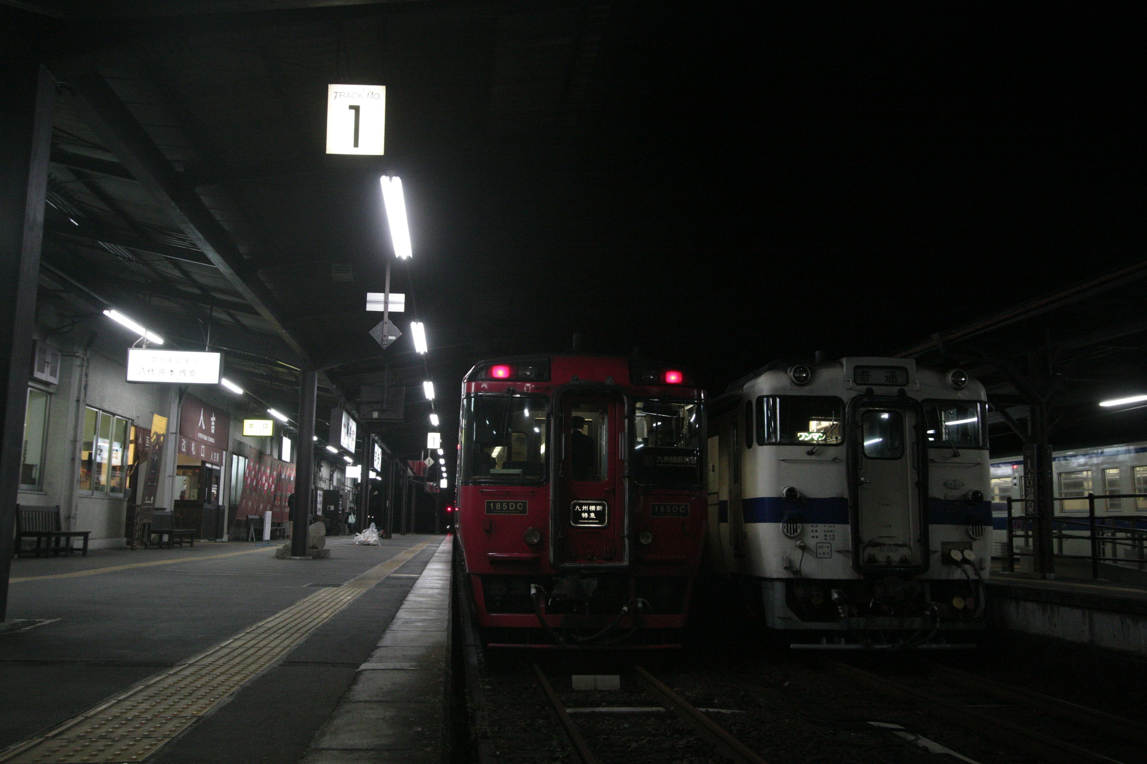 Red and white trains parked on a platform at night