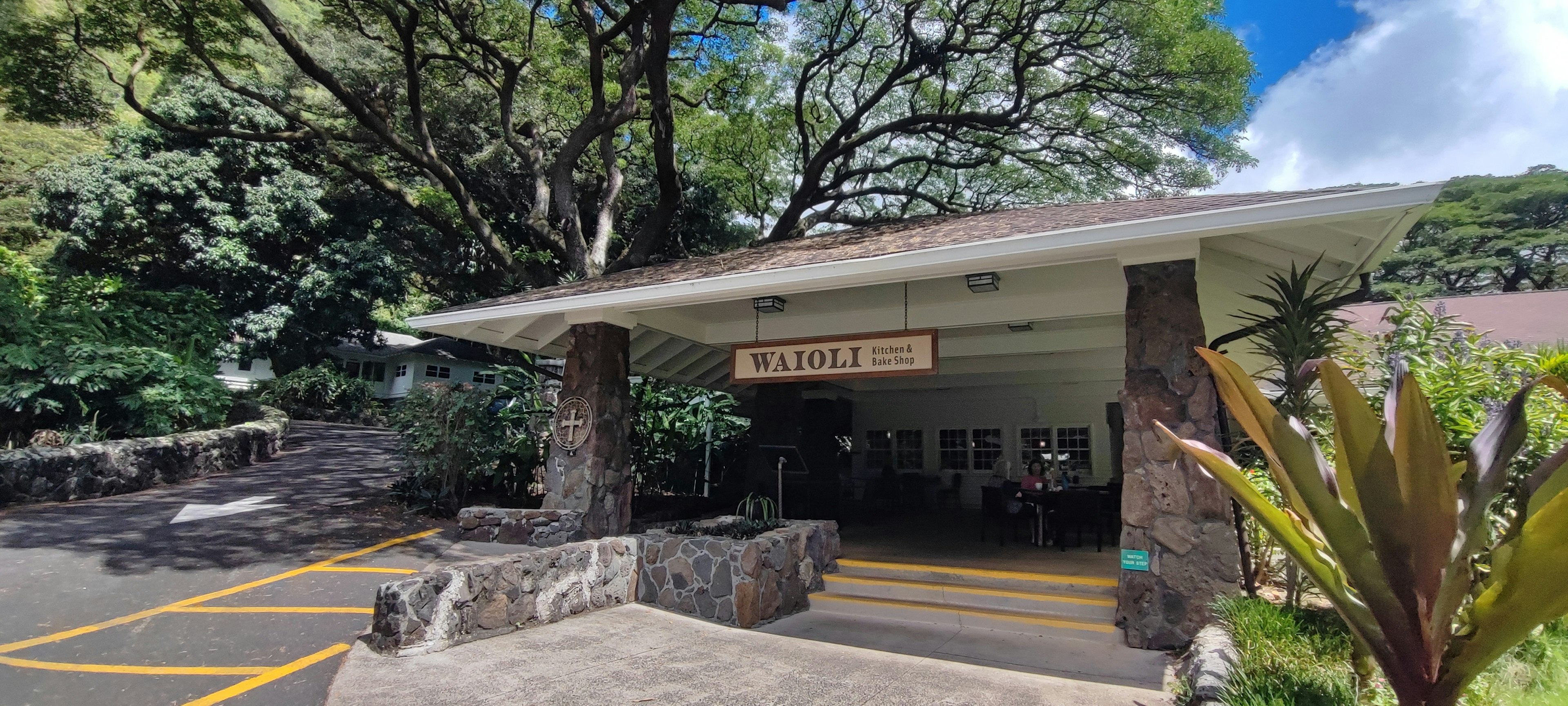 Entrance of a building surrounded by greenery with lush plants and trees