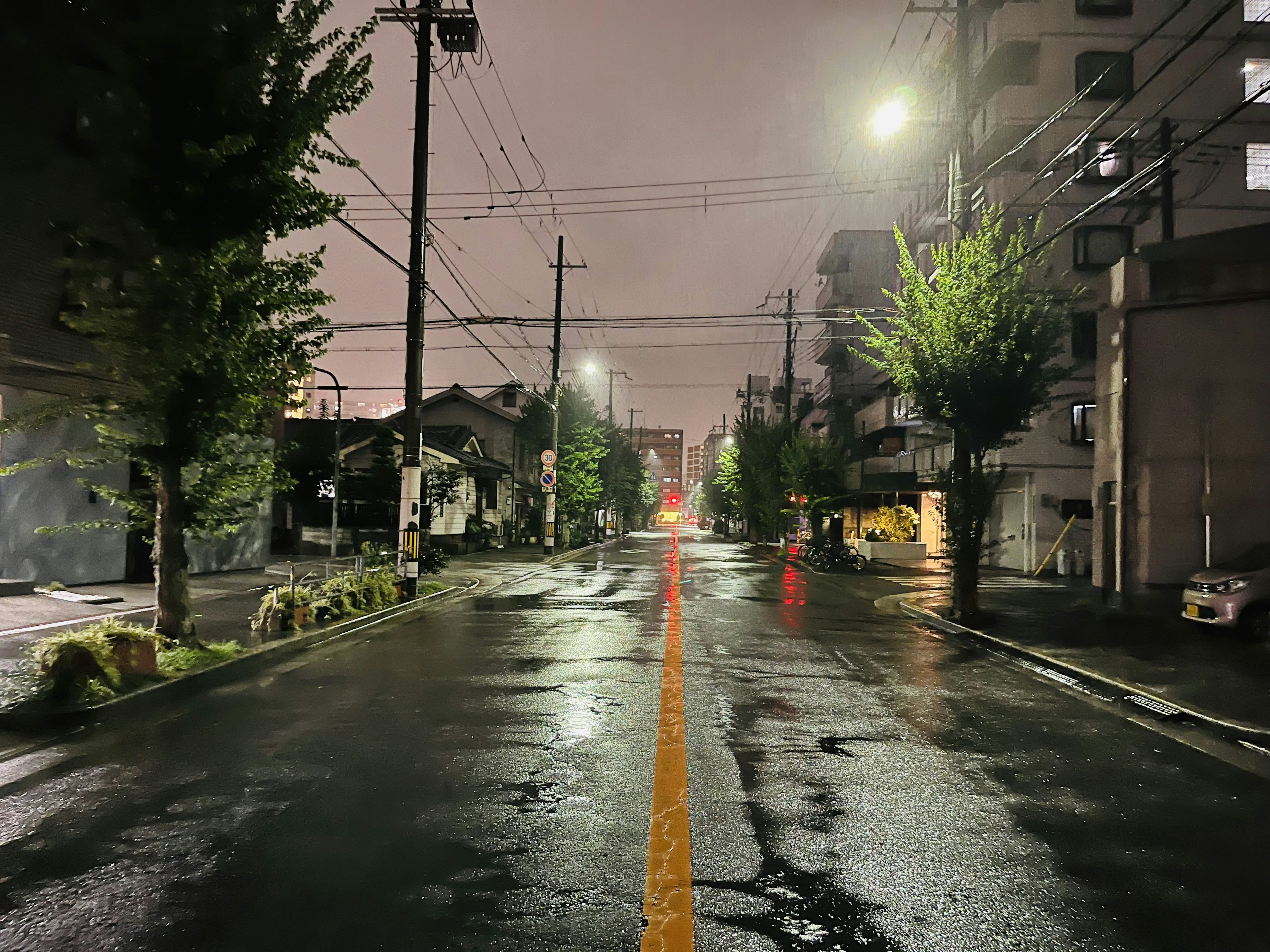 雨の後の静かな夜の街道 濡れた道路と街灯の光