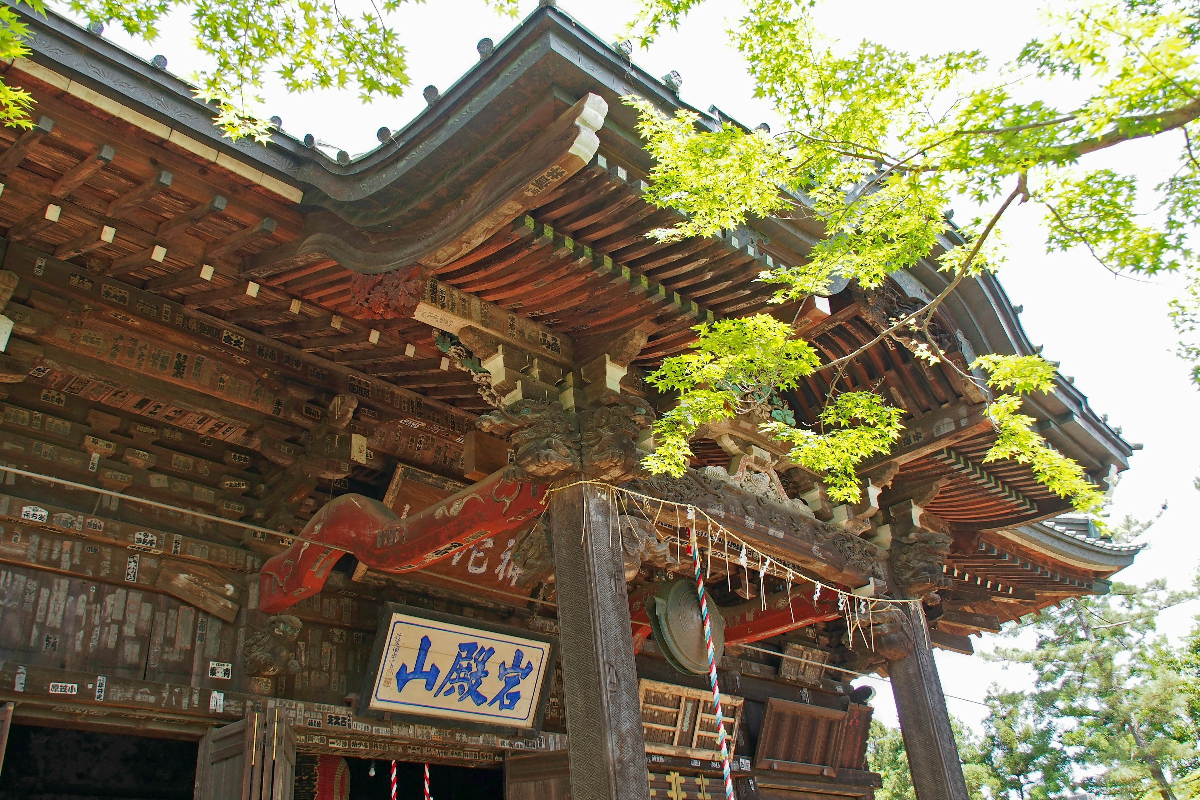 Exterior of a wooden shrine surrounded by green leaves featuring traditional Japanese architectural style