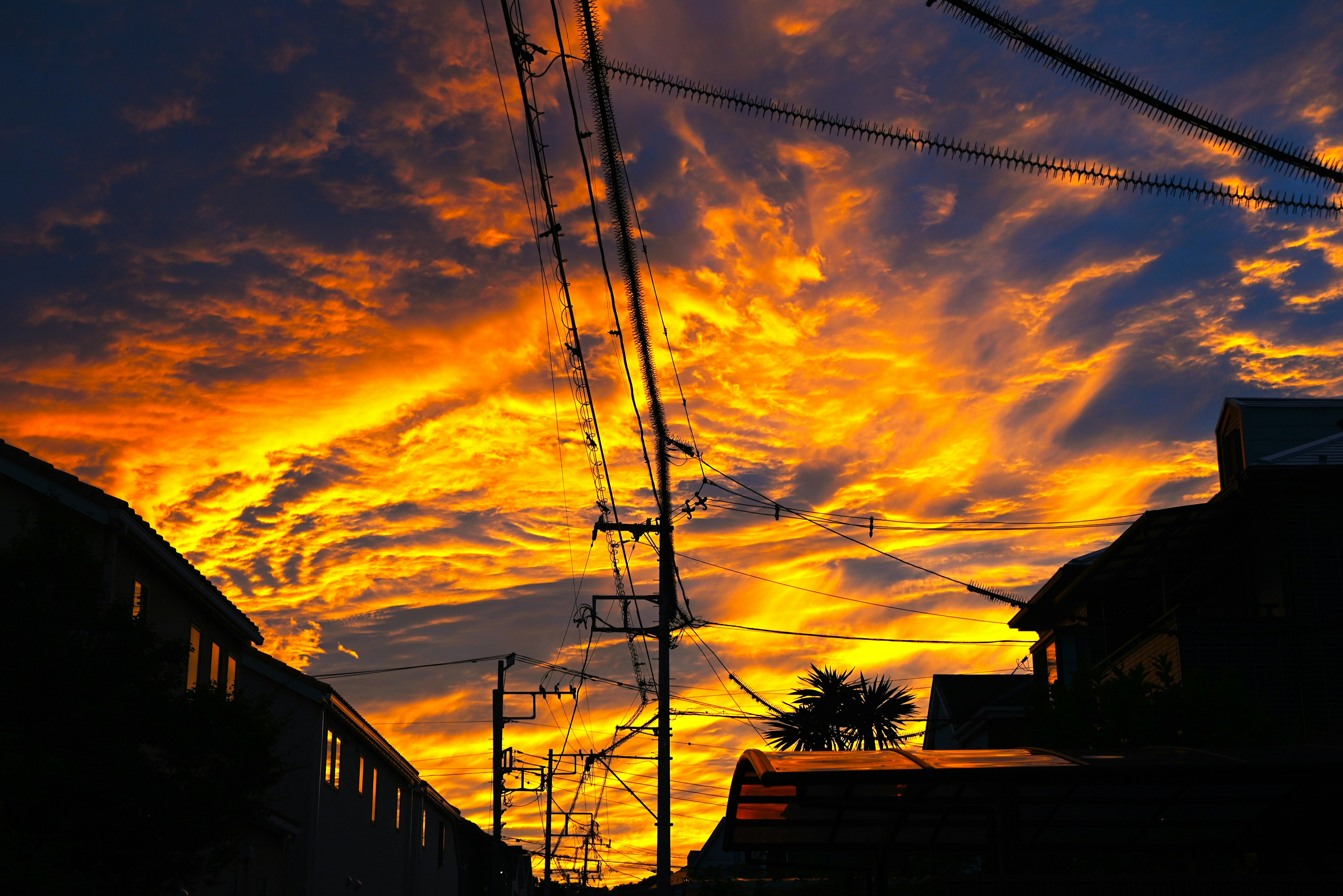 Stupendo cielo al tramonto con nuvole arancioni e gialle vivaci che fanno da silhouette agli edifici