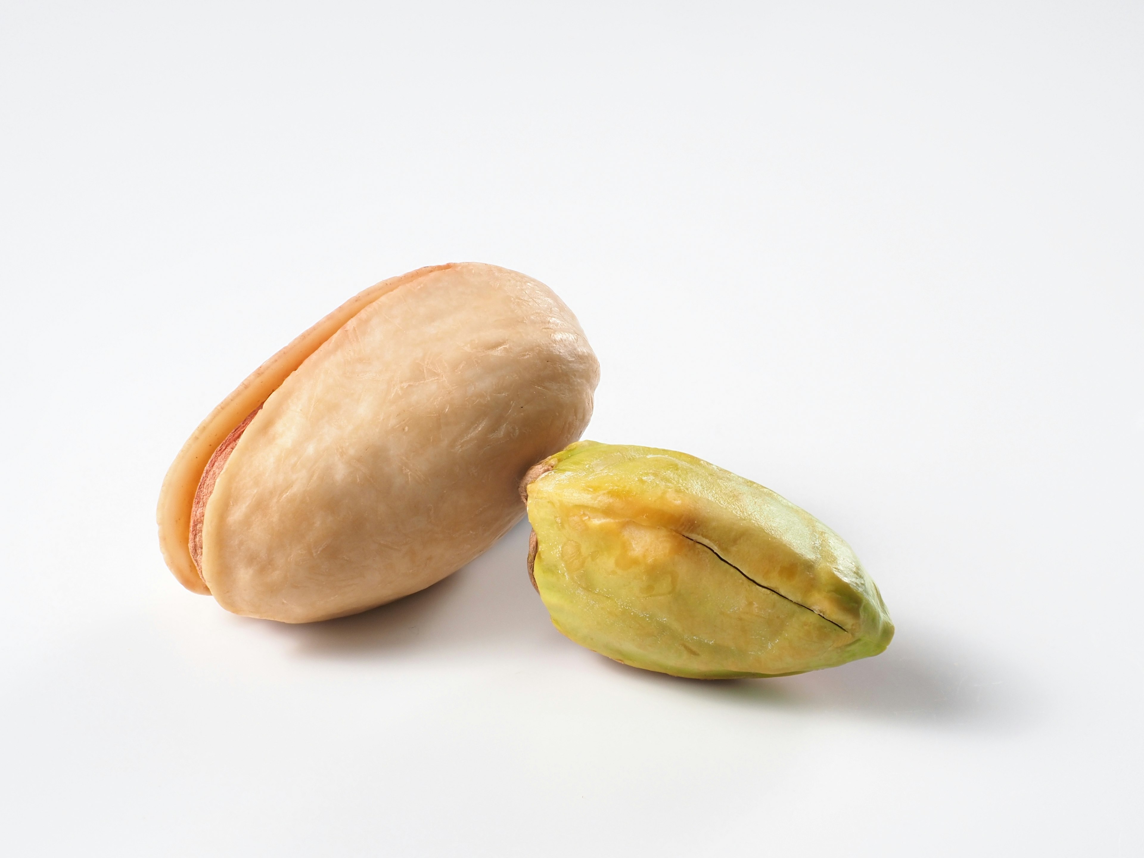 A pistachio nut and a cardamom pod placed on a white background