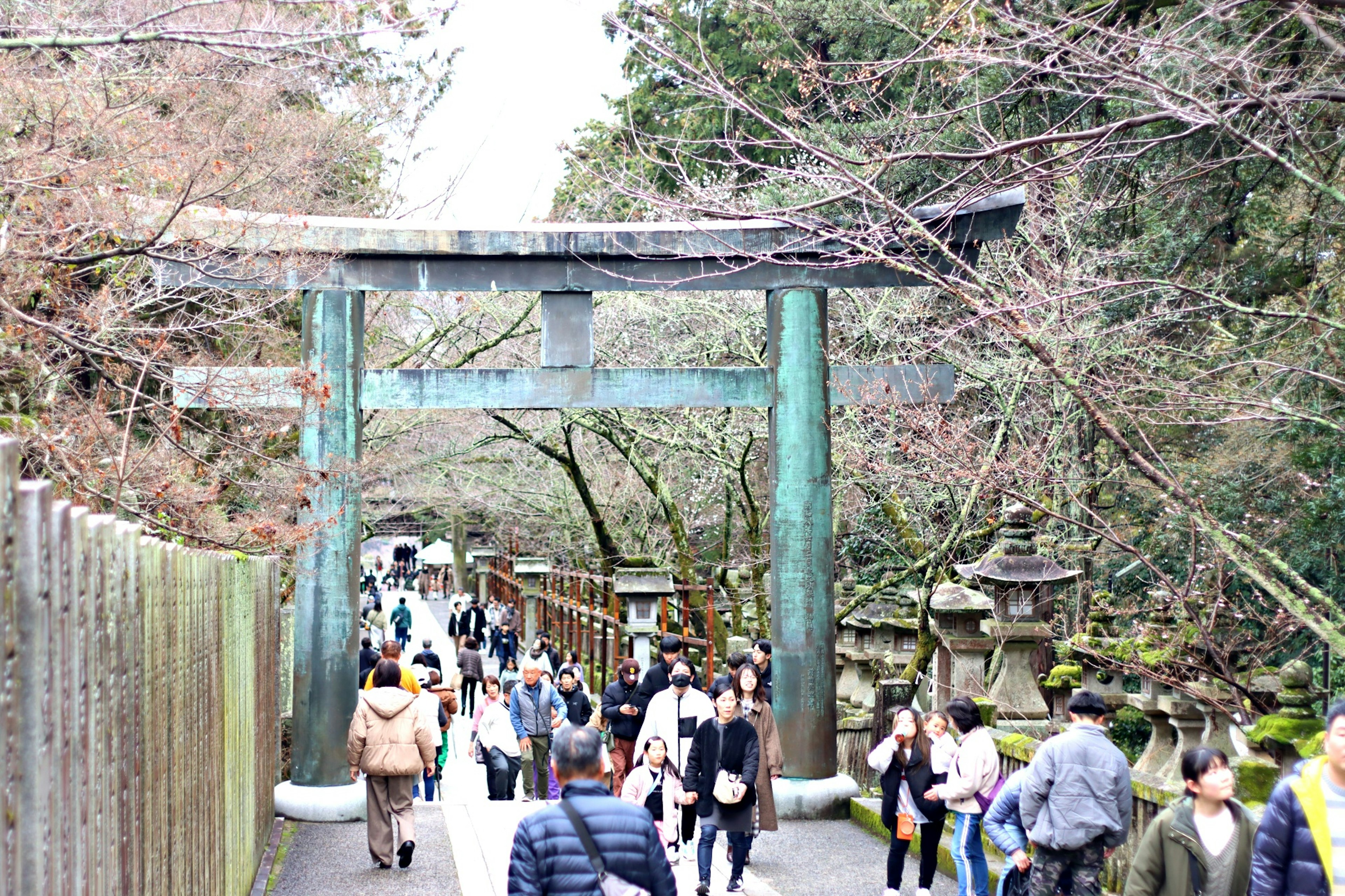 A scenic view featuring an old bronze torii gate with tourists walking