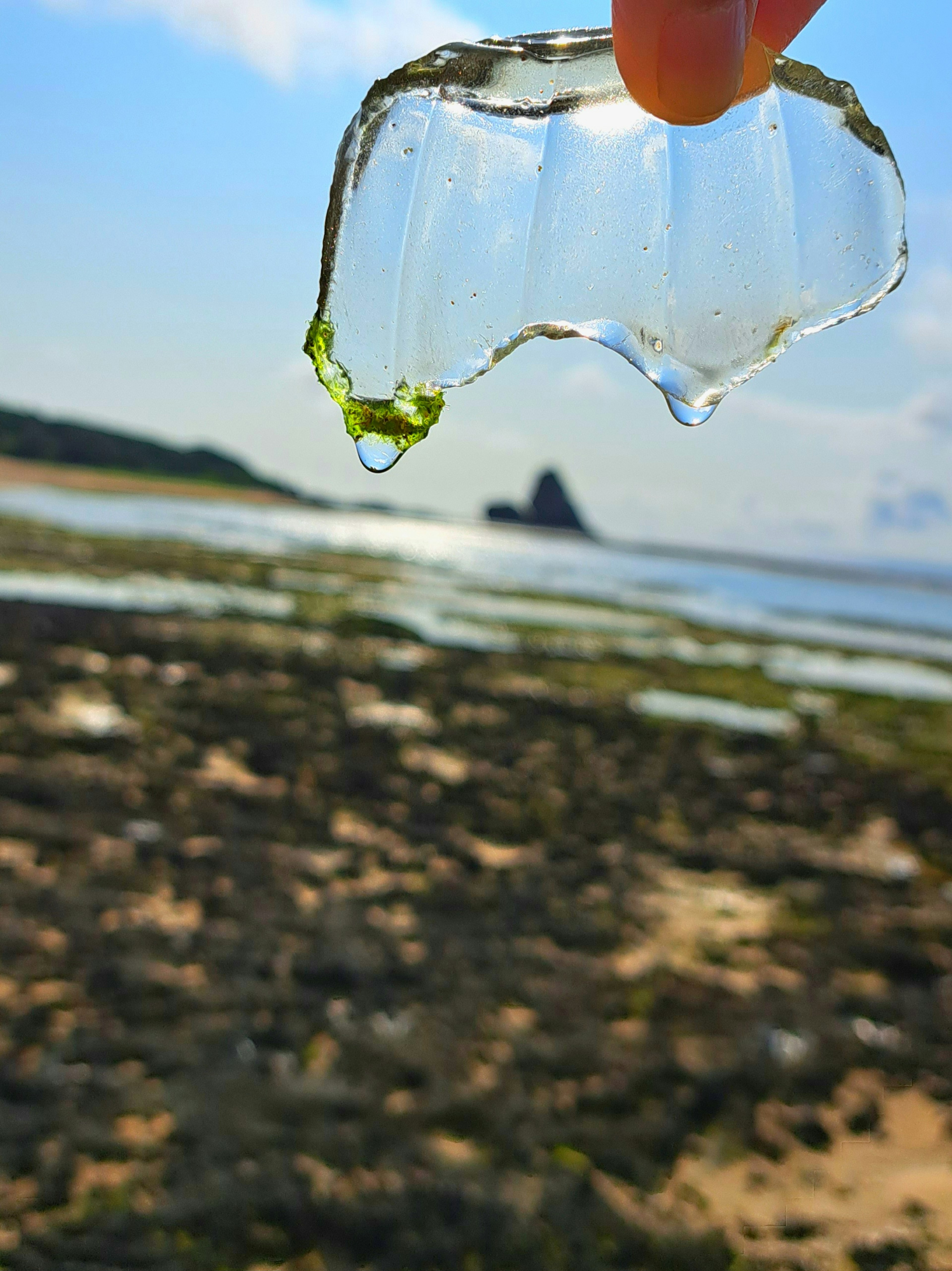 手握着透明玻璃片，背景是海岸景观