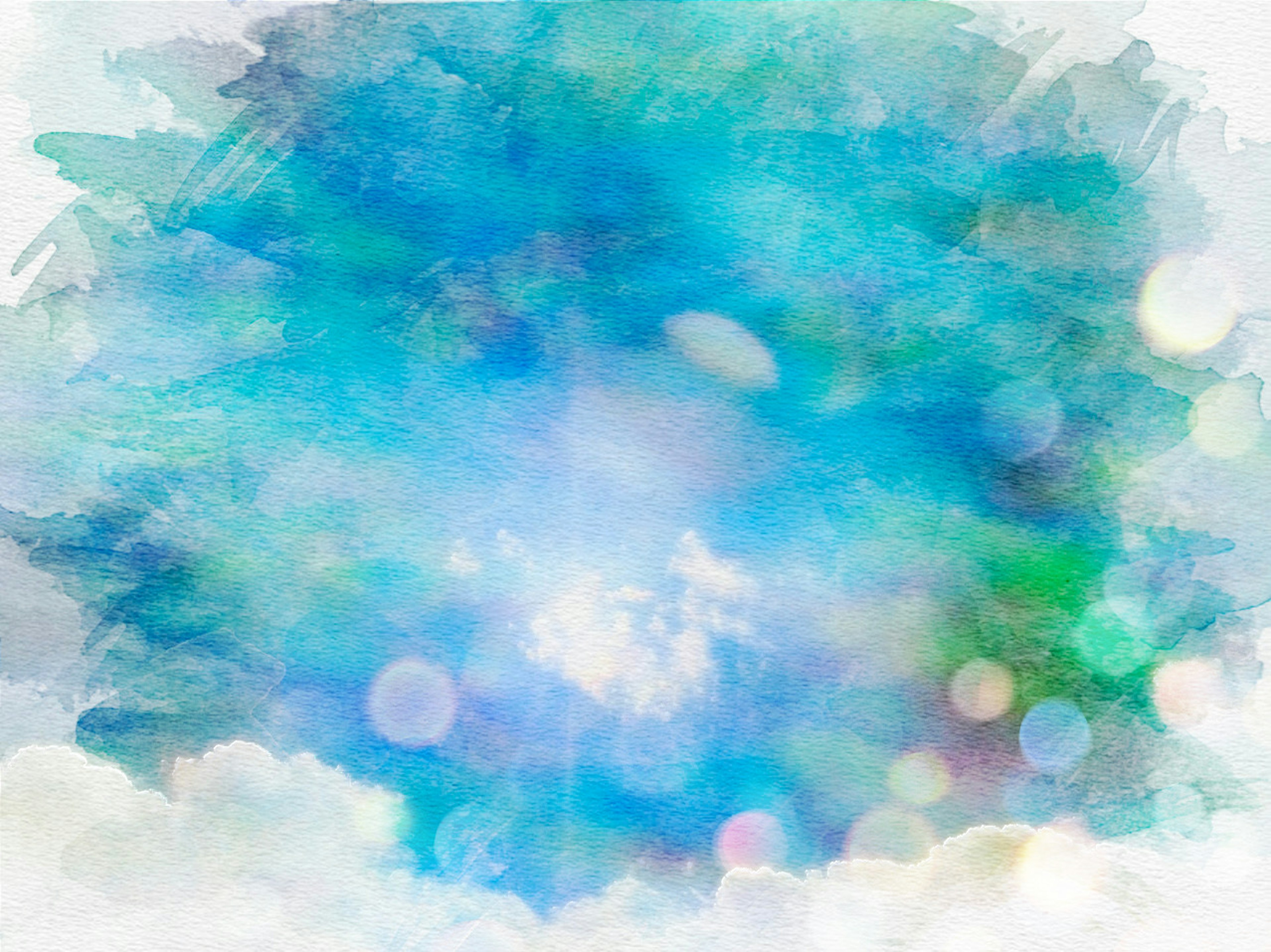 Abstrakter Aquarellhintergrund mit blauen und grünen Farbtönen, der sanfte Wolken und Bokeh-Lichter zeigt