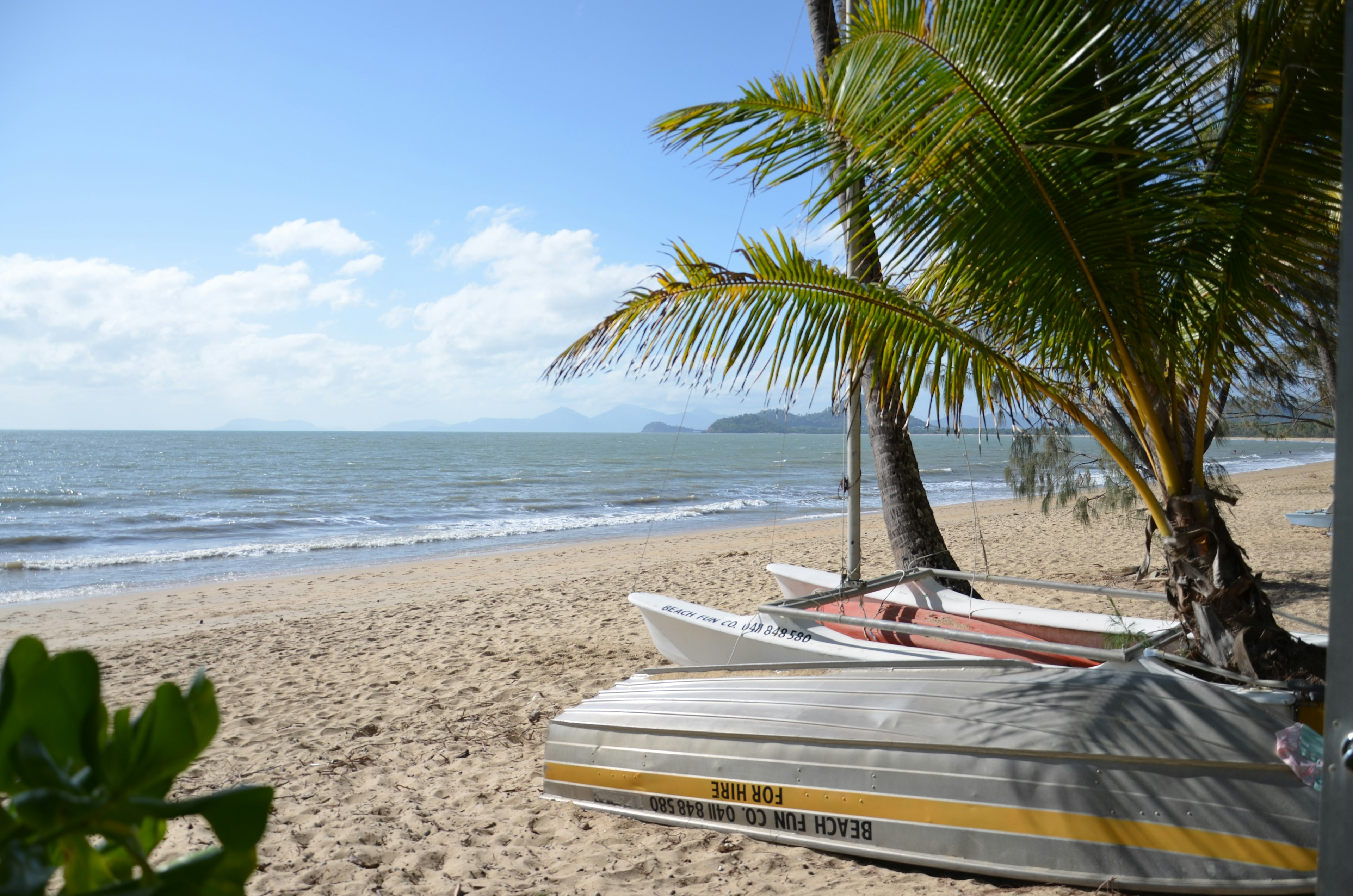 Escena de playa con botes y palmeras junto al mar