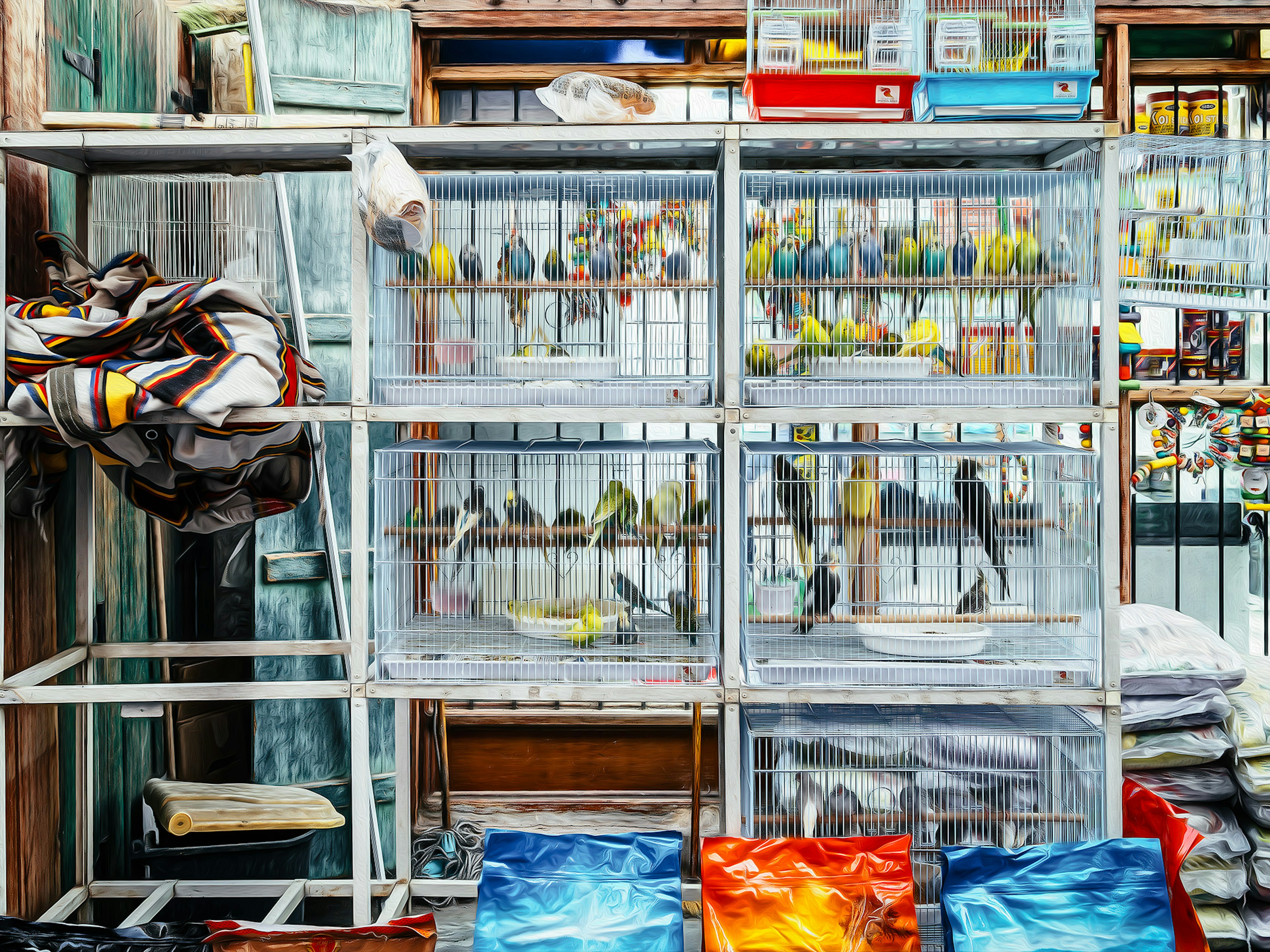 Oiseaux colorés dans des cages exposées sur un marché