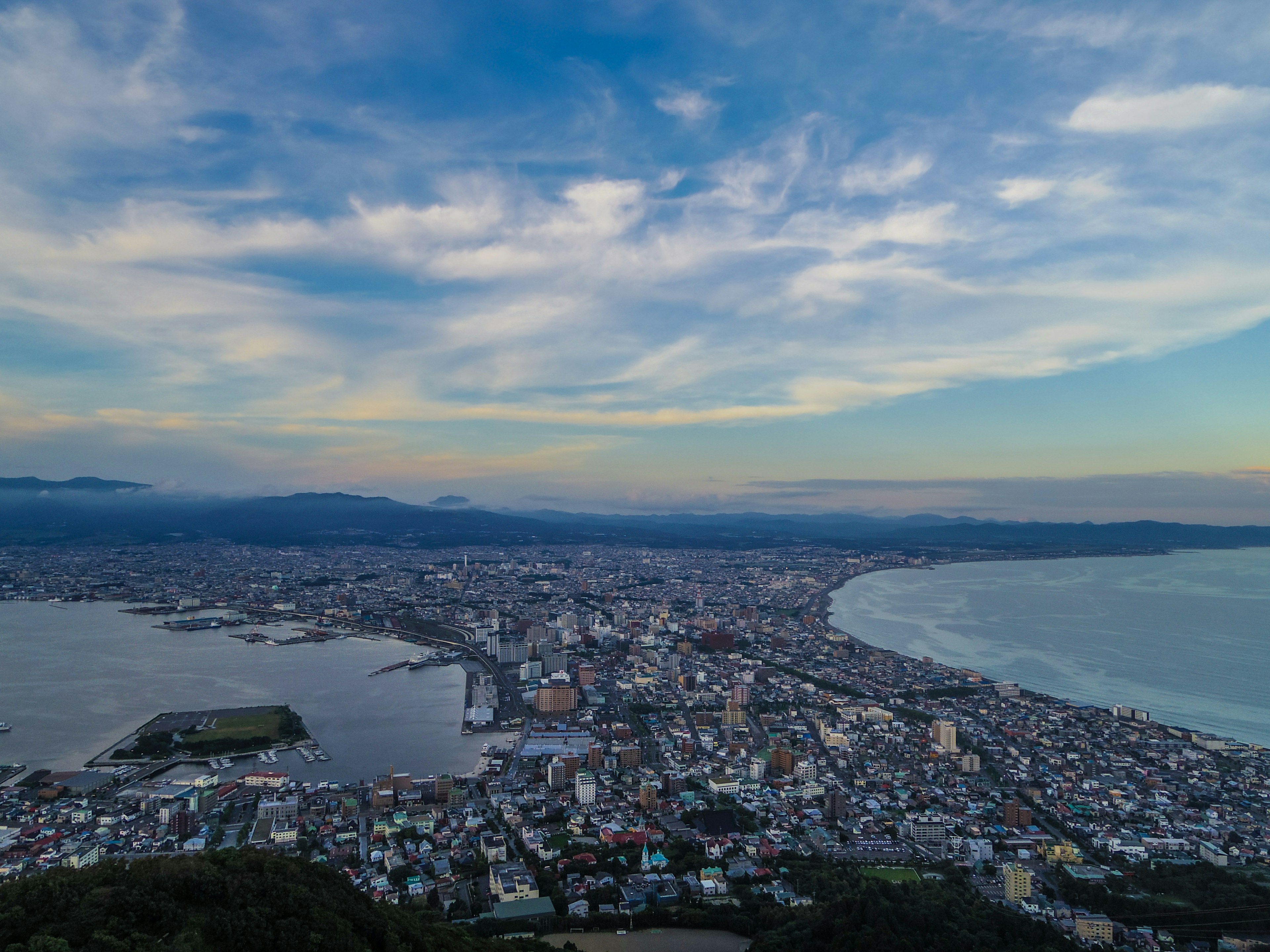 Panoramic view of a city and ocean landscape