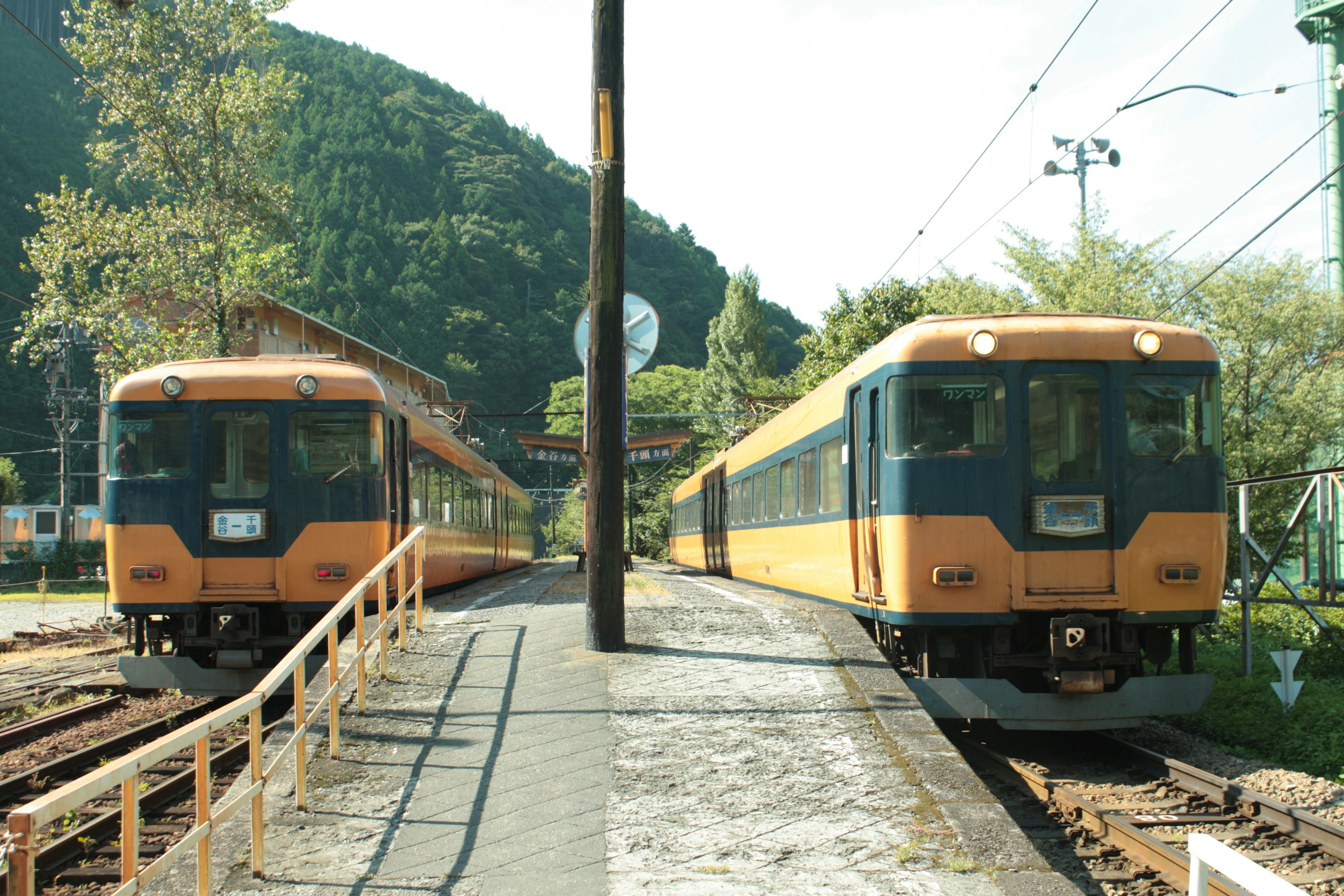 Zwei orangefarbene Züge an einem Bahnhof mit grünen Hügeln und blauem Himmel im Hintergrund