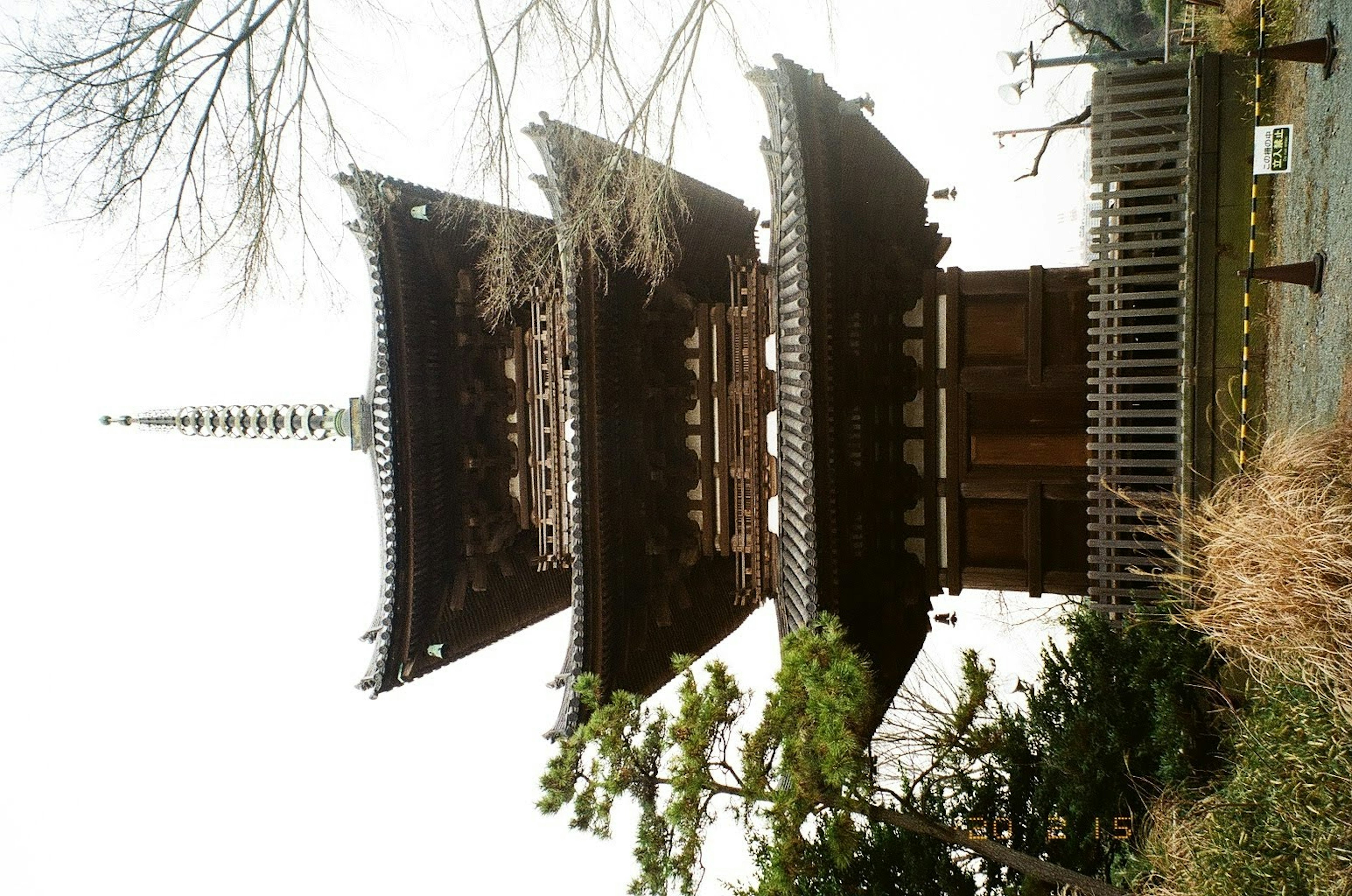 Pagoda Jepang tradisional dengan desain rumit dan vegetasi di sekitarnya