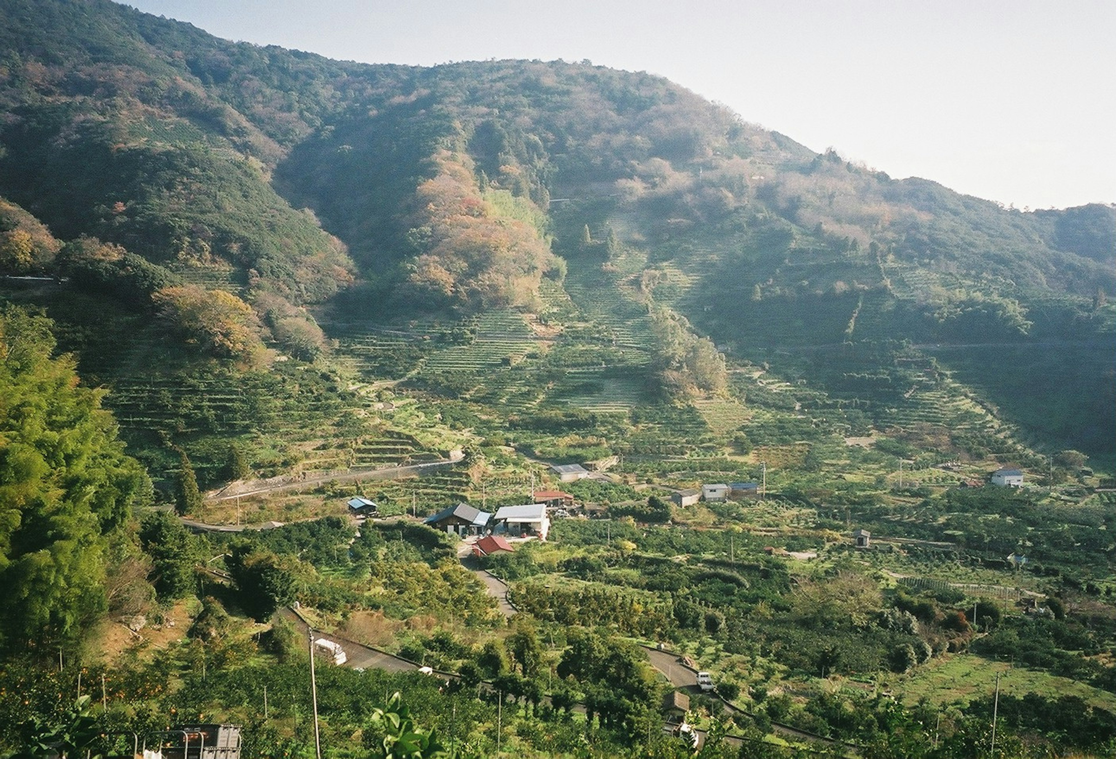 Paisaje montañoso verde con granjas y casas