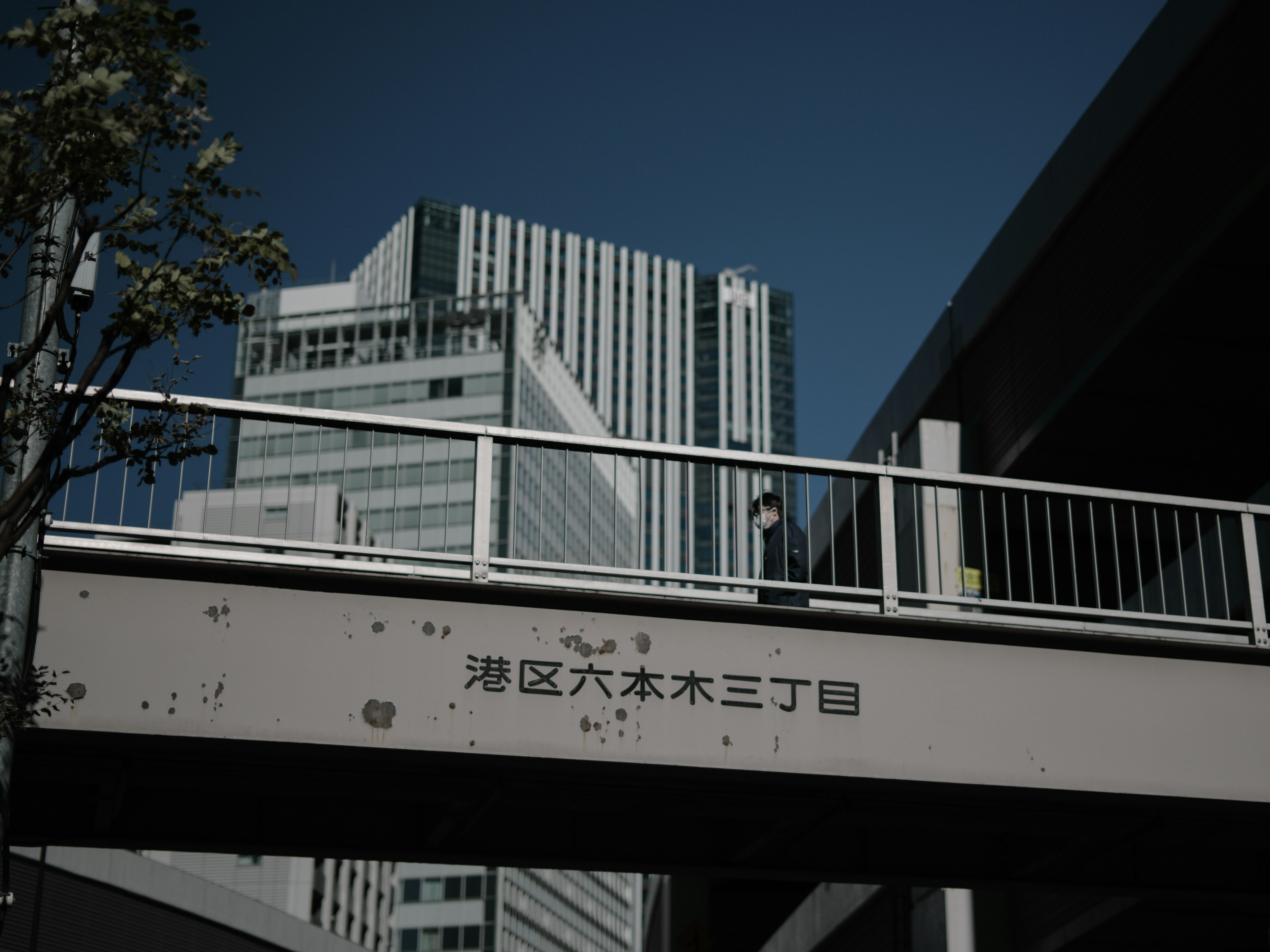 Urban scene featuring high-rise buildings and a pedestrian bridge