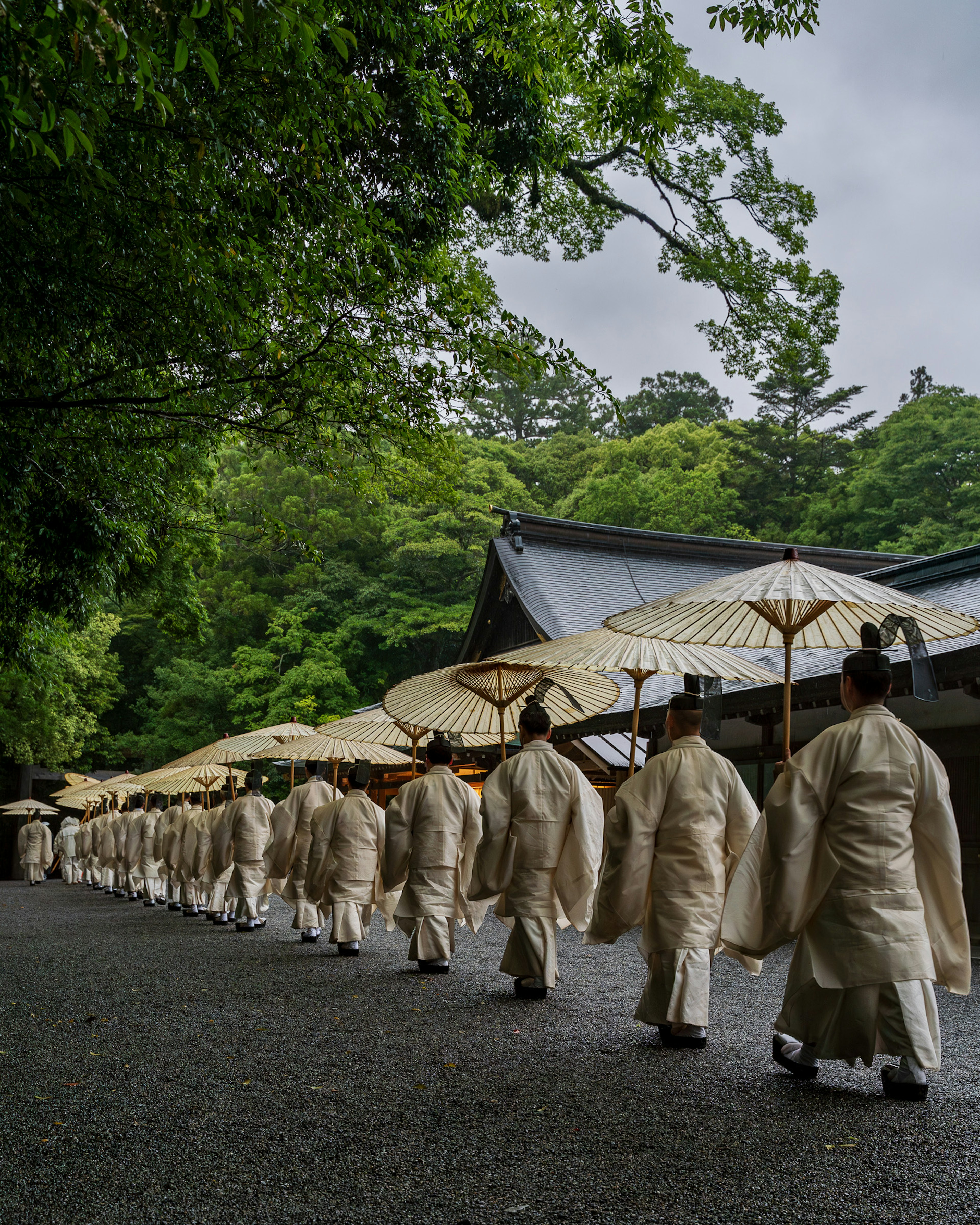 行列する神職たちが白い衣装と傘を持っている神社の風景