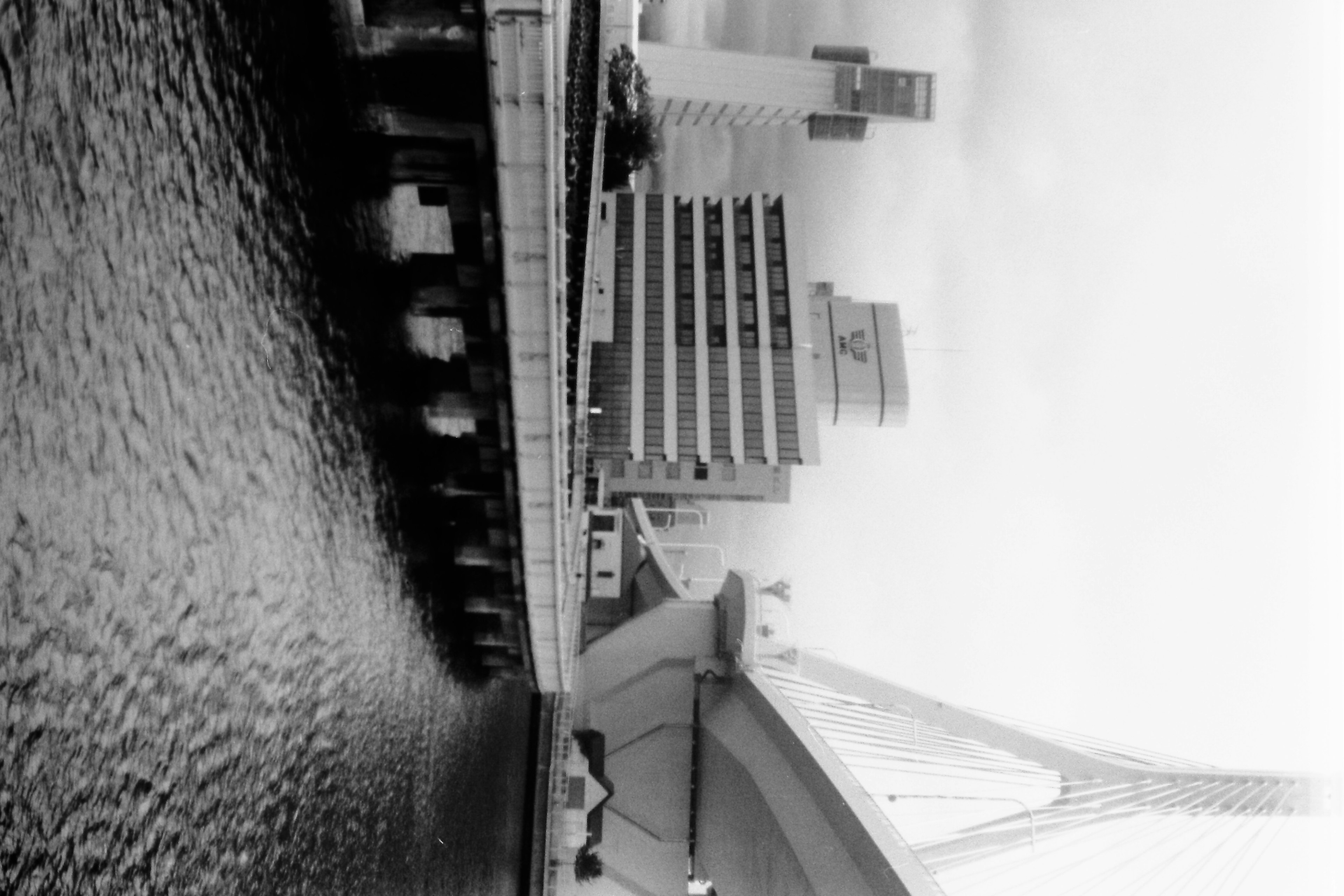 Black and white urban landscape featuring a bridge and river