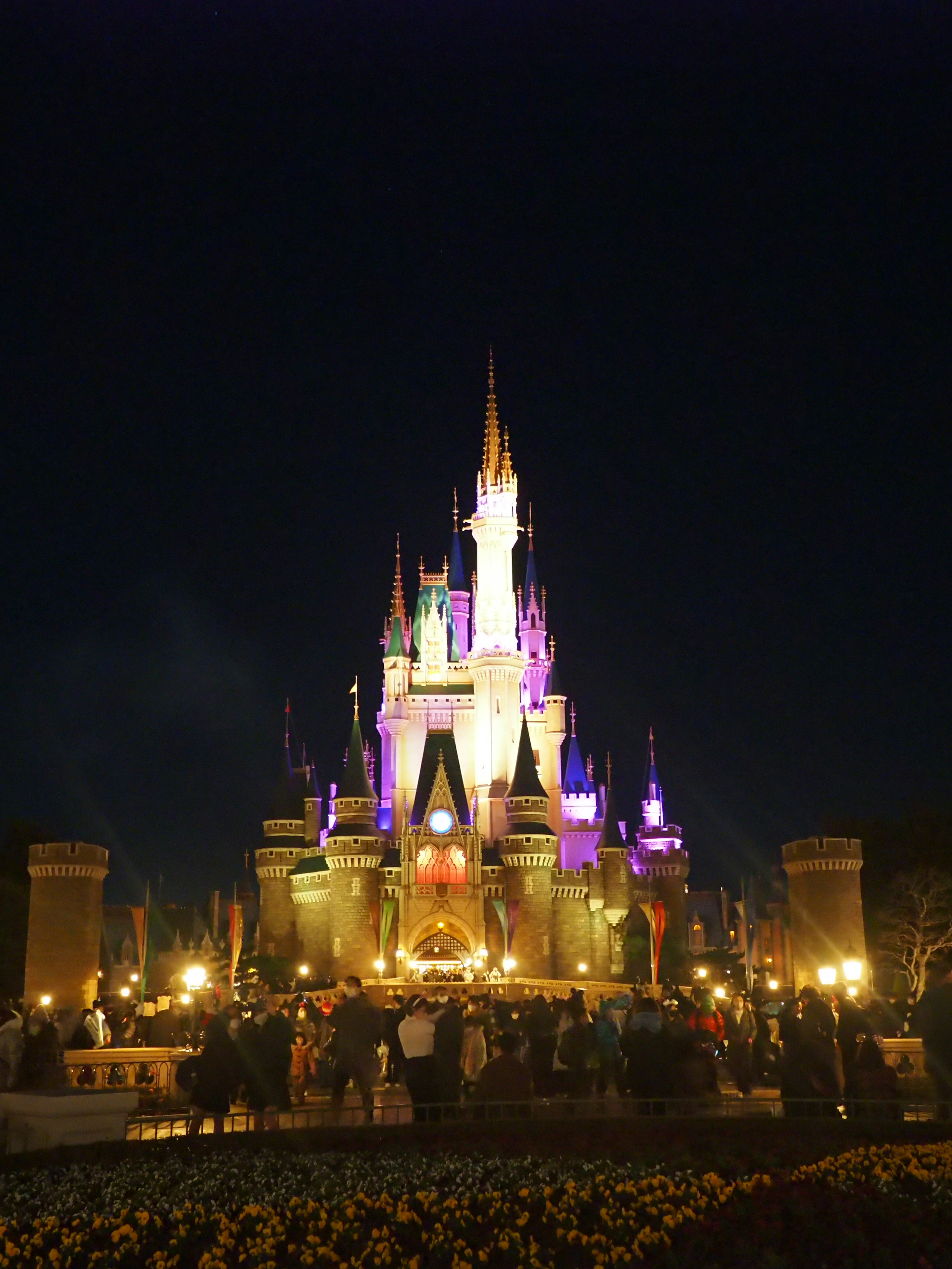 Hermosa vista del castillo de Cenicienta iluminado por la noche con visitantes