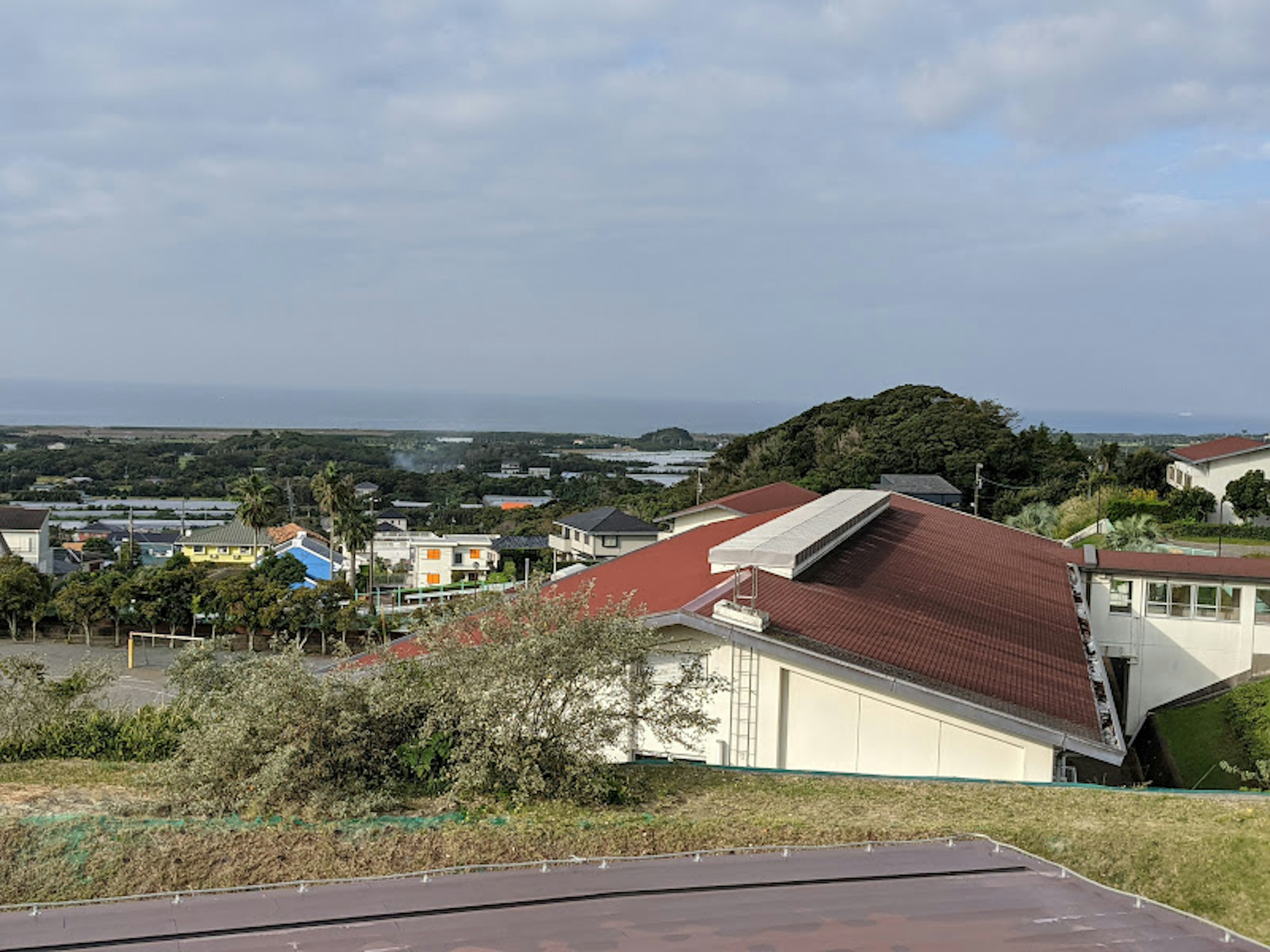 Vista escénica de un área residencial rodeada de vegetación y mar