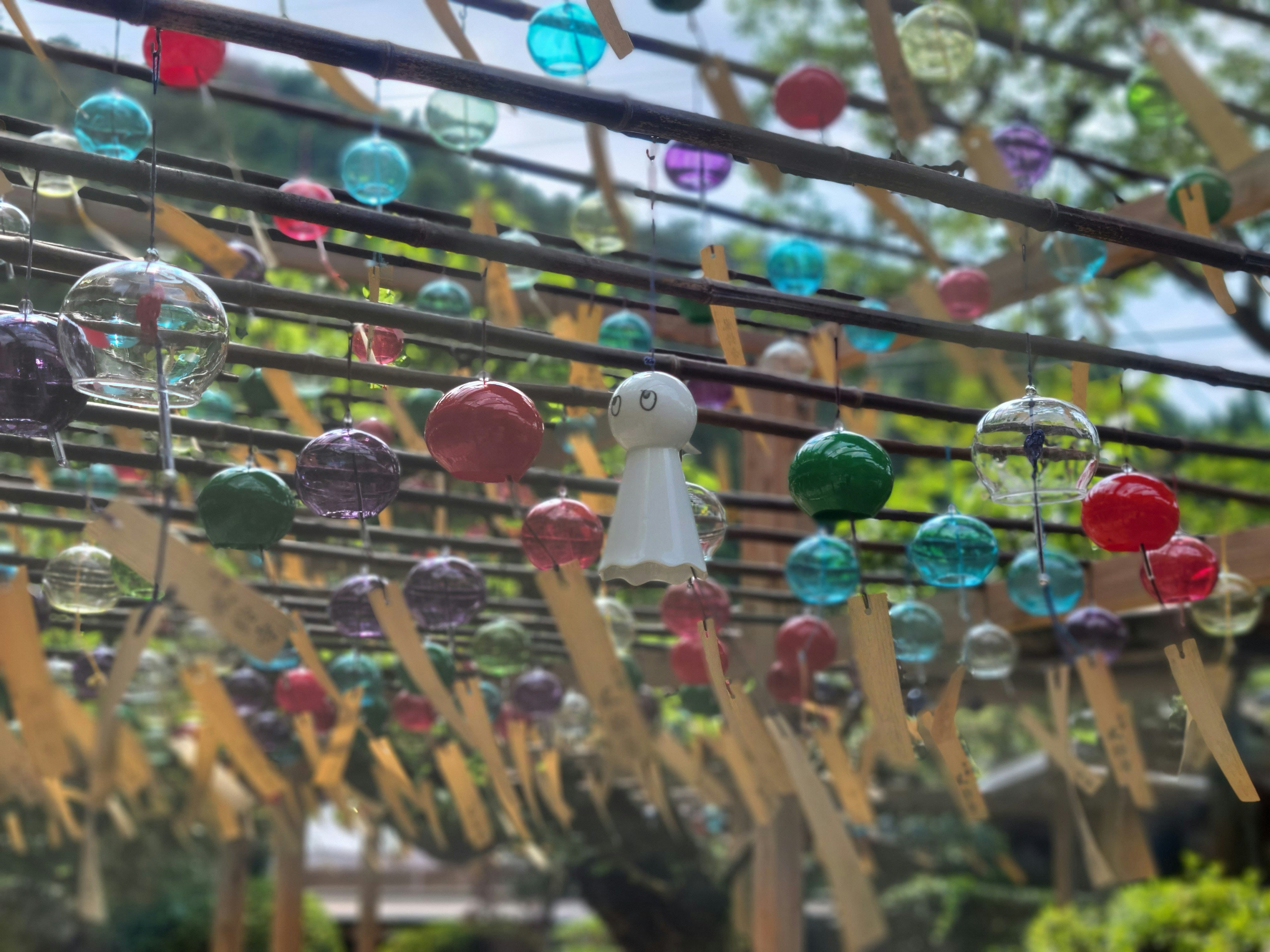 Colorful wind chimes hanging in a scenic view with green trees in the background