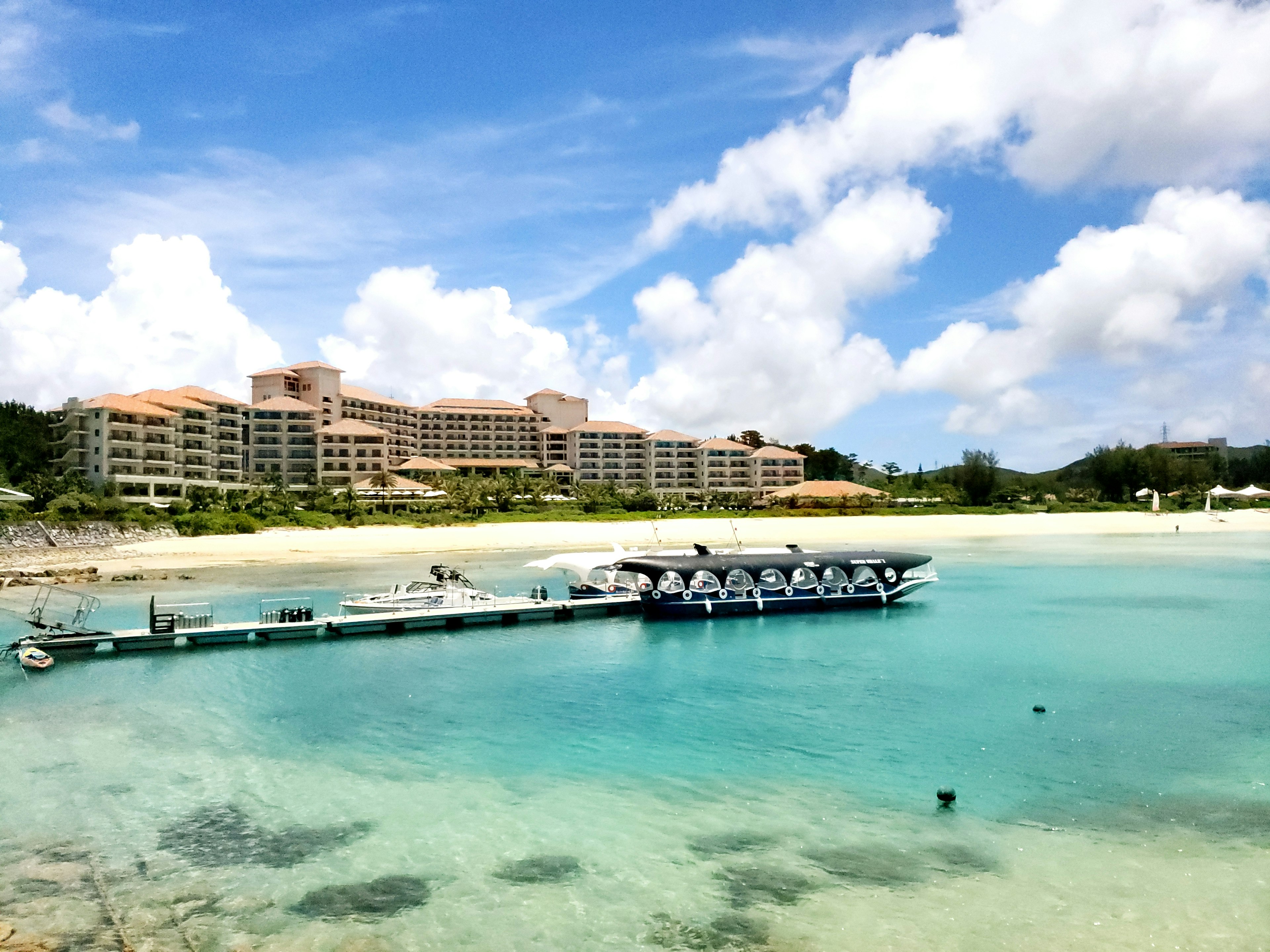 青い海と白い砂浜を背景にしたリゾートホテルの風景