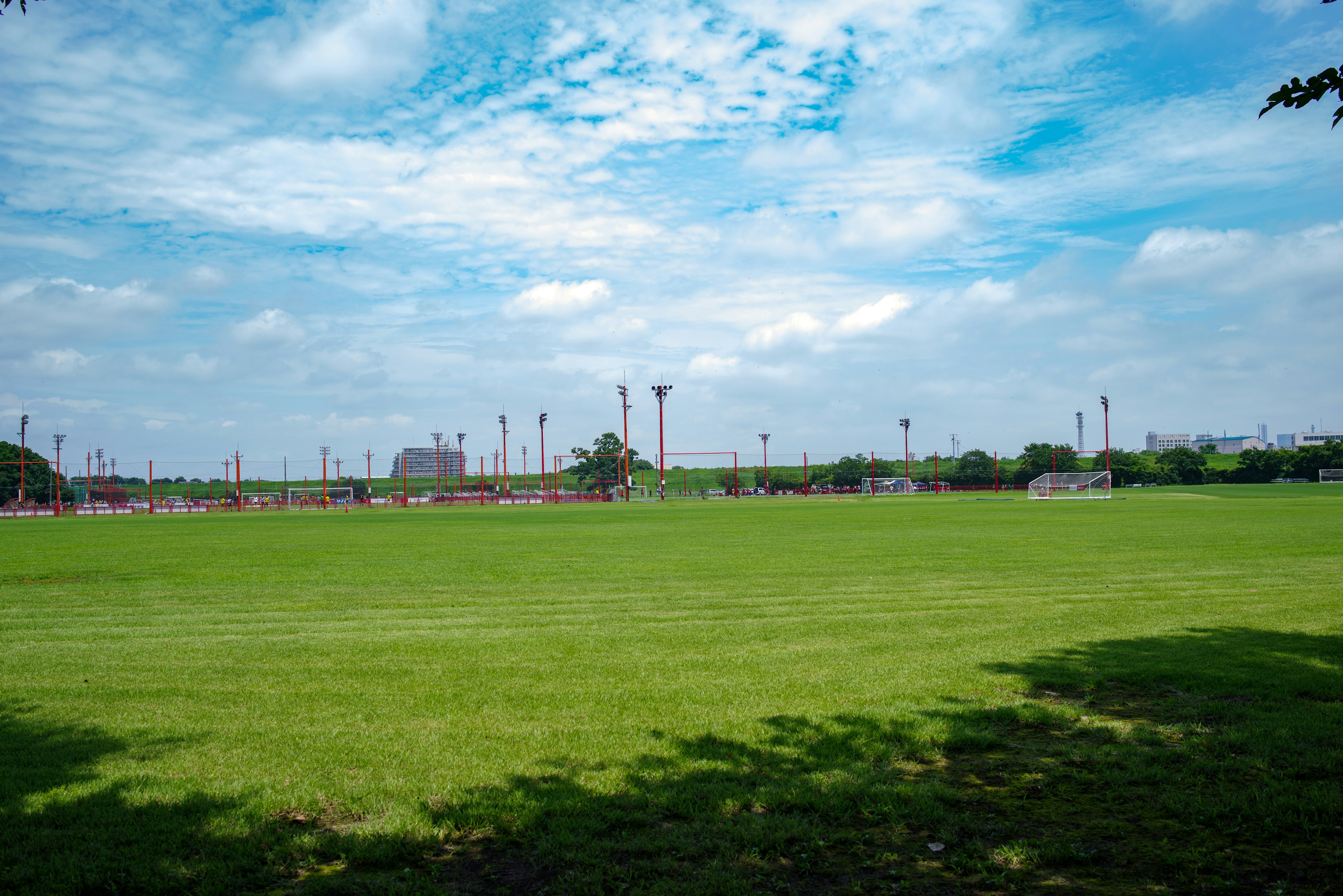 Amplio campo de fútbol verde bajo un cielo azul