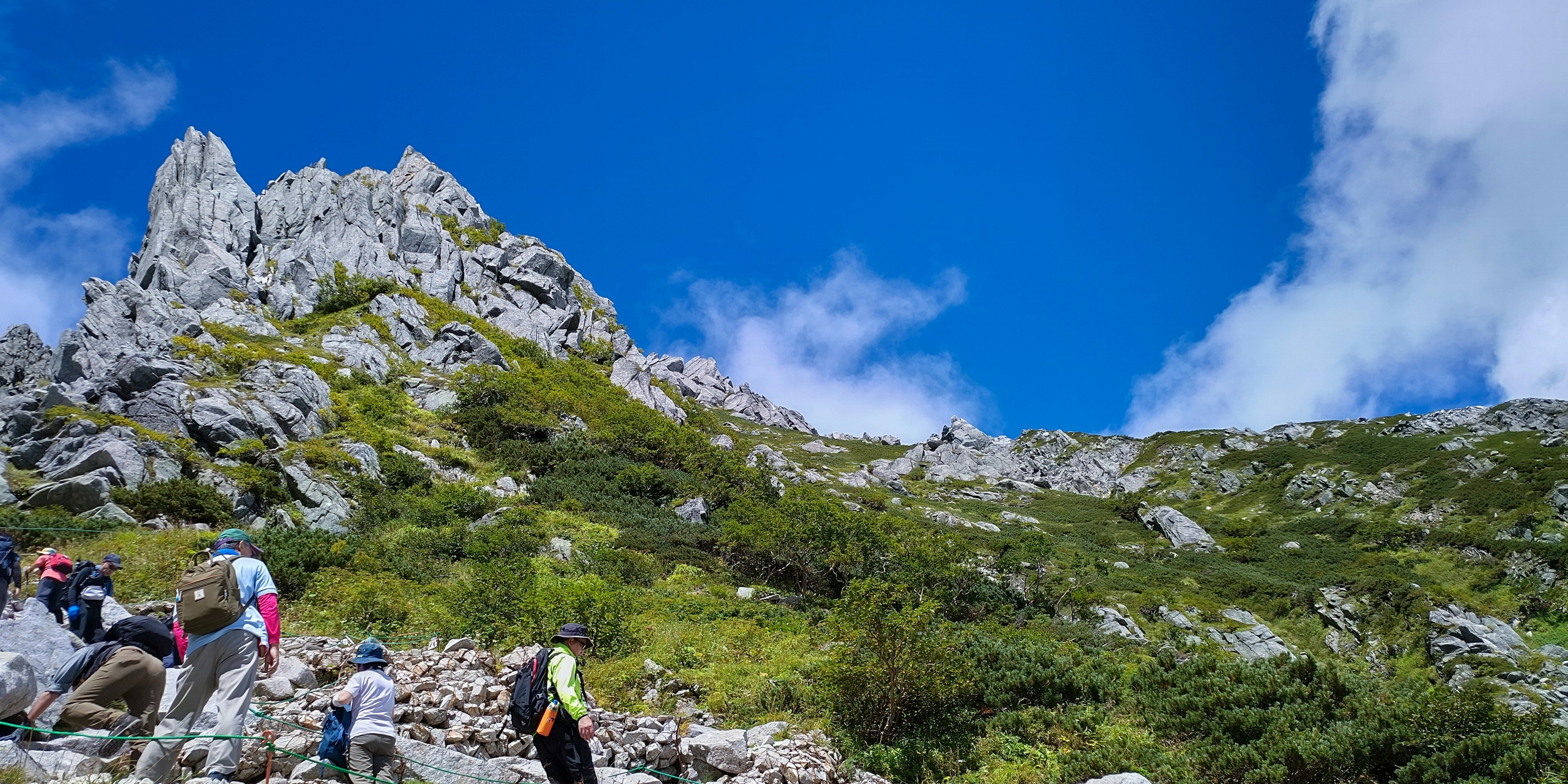 Randonneurs grimpant une montagne rocheuse sous un ciel bleu avec des nuages