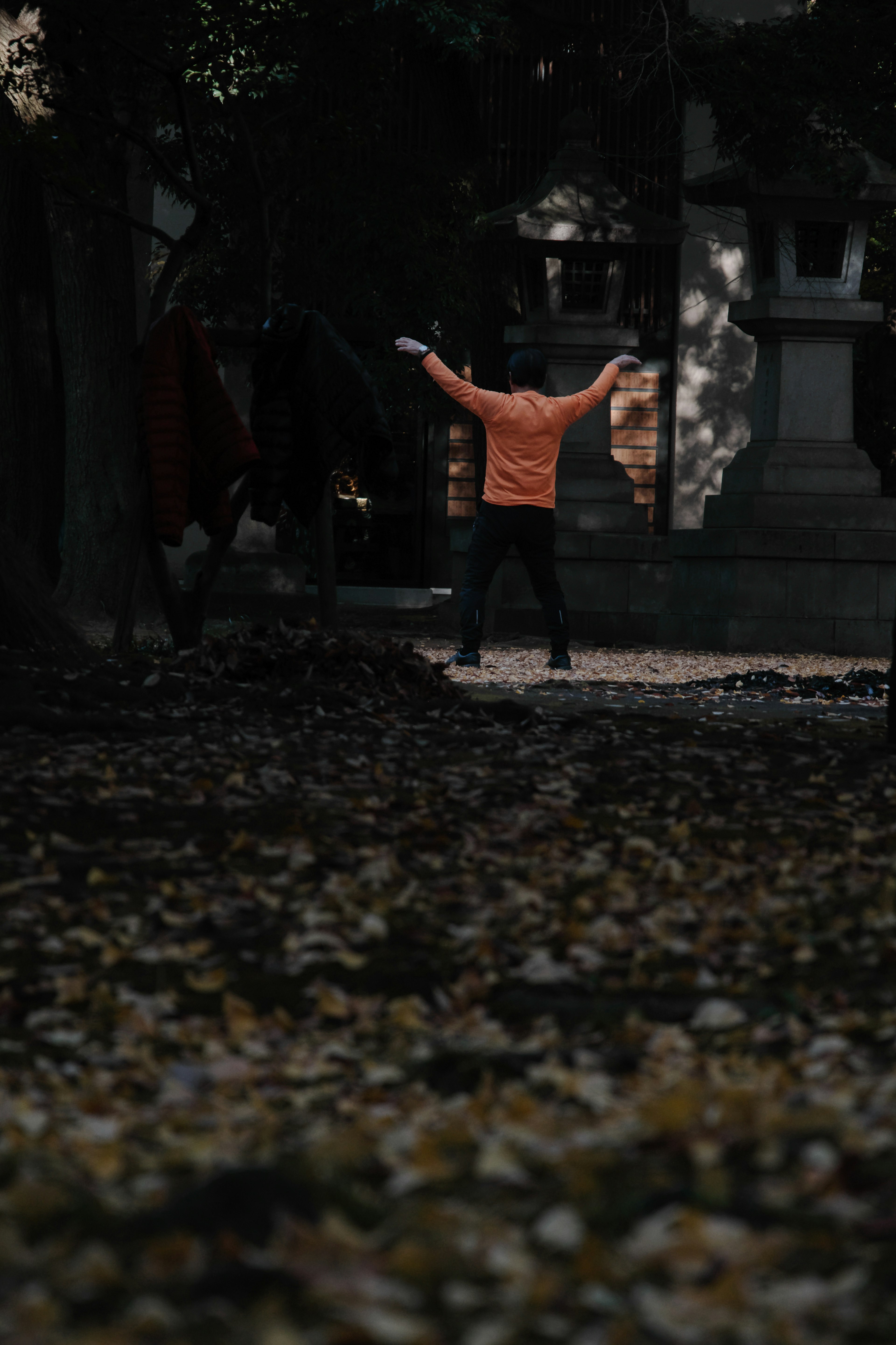 Person in orange clothing spreading arms in a leaf-covered path