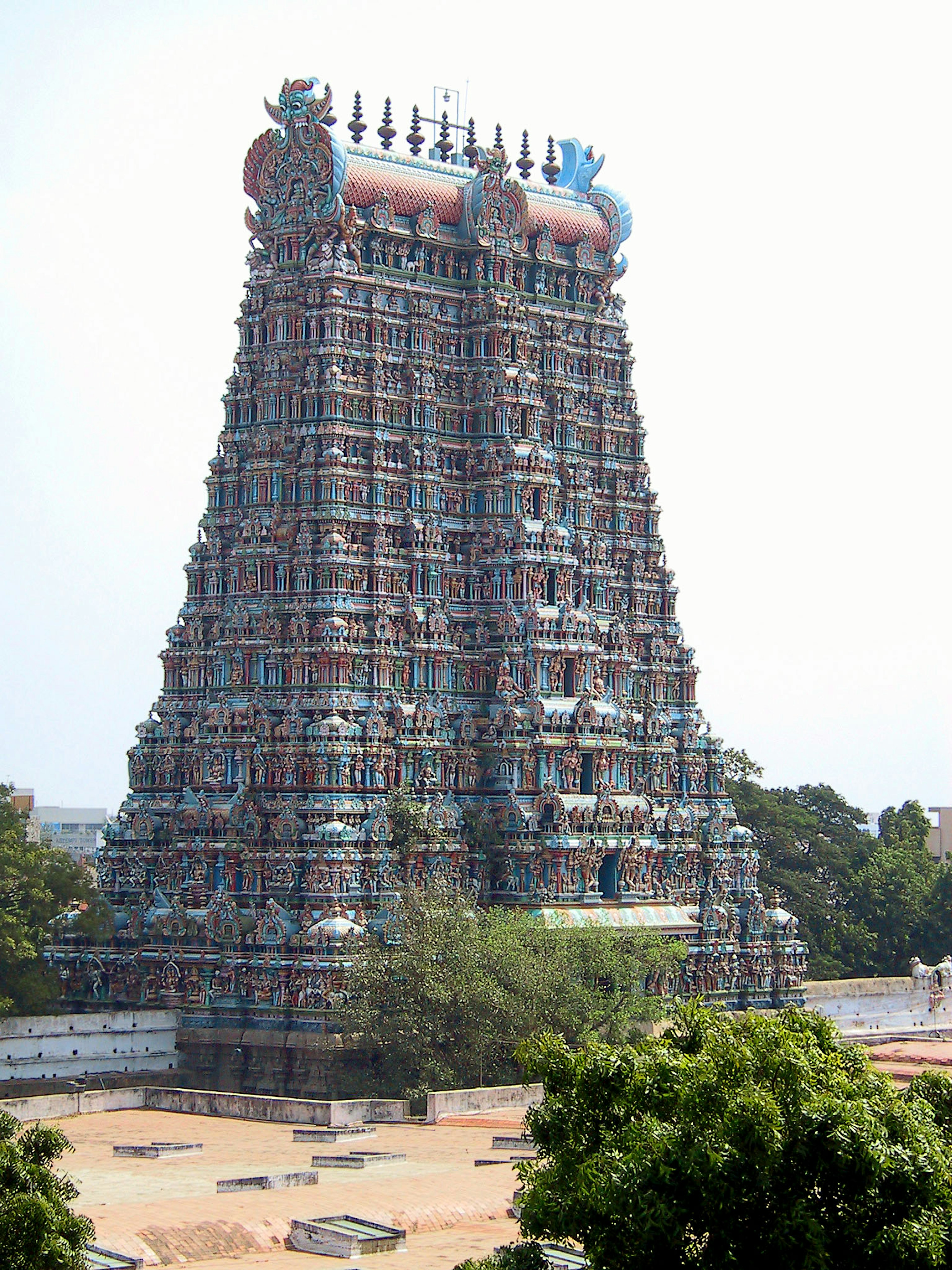 A temple tower adorned with colorful sculptures and intricate designs