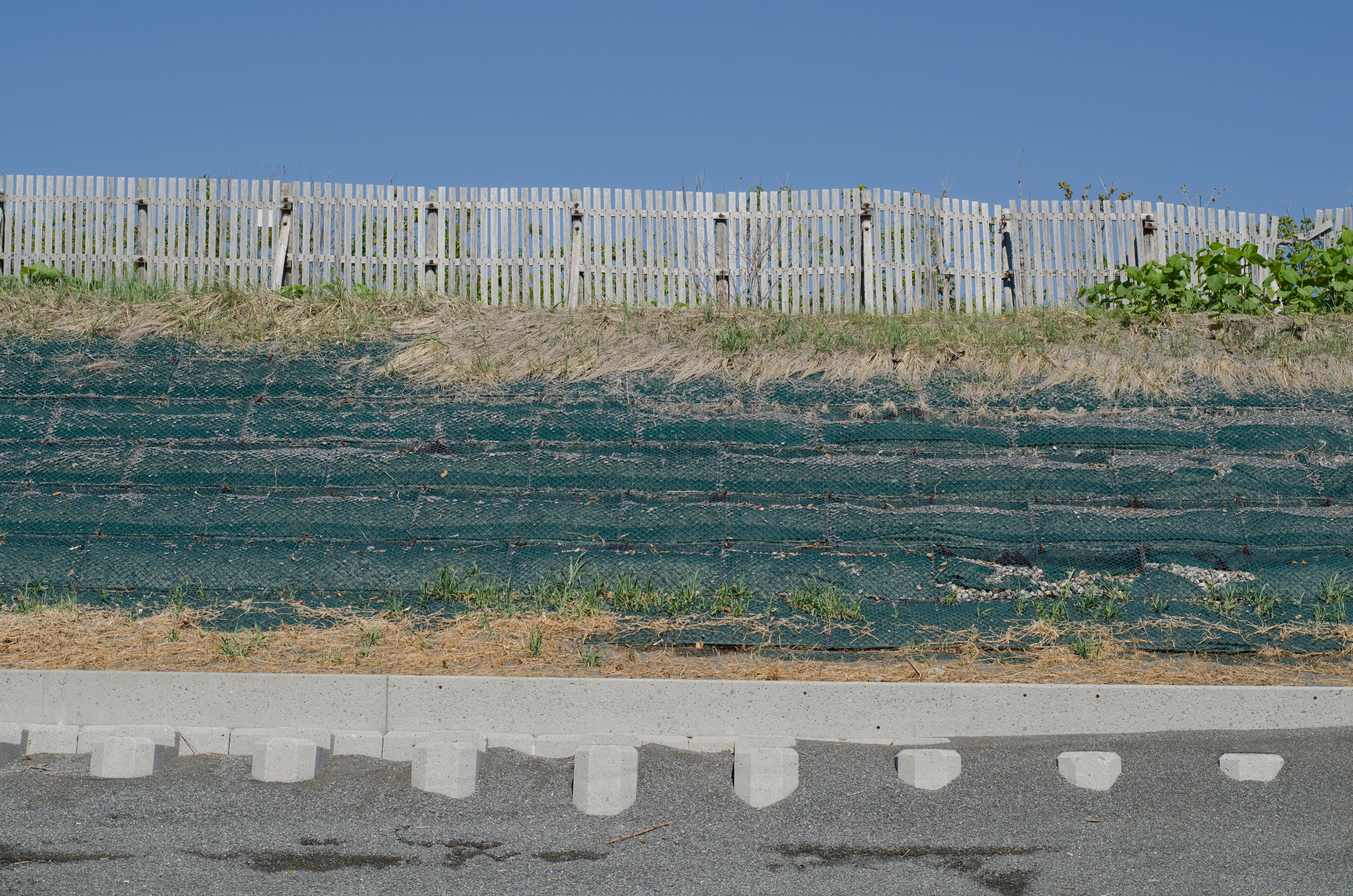 Landscape showing a grassy slope under a blue sky with a wooden fence