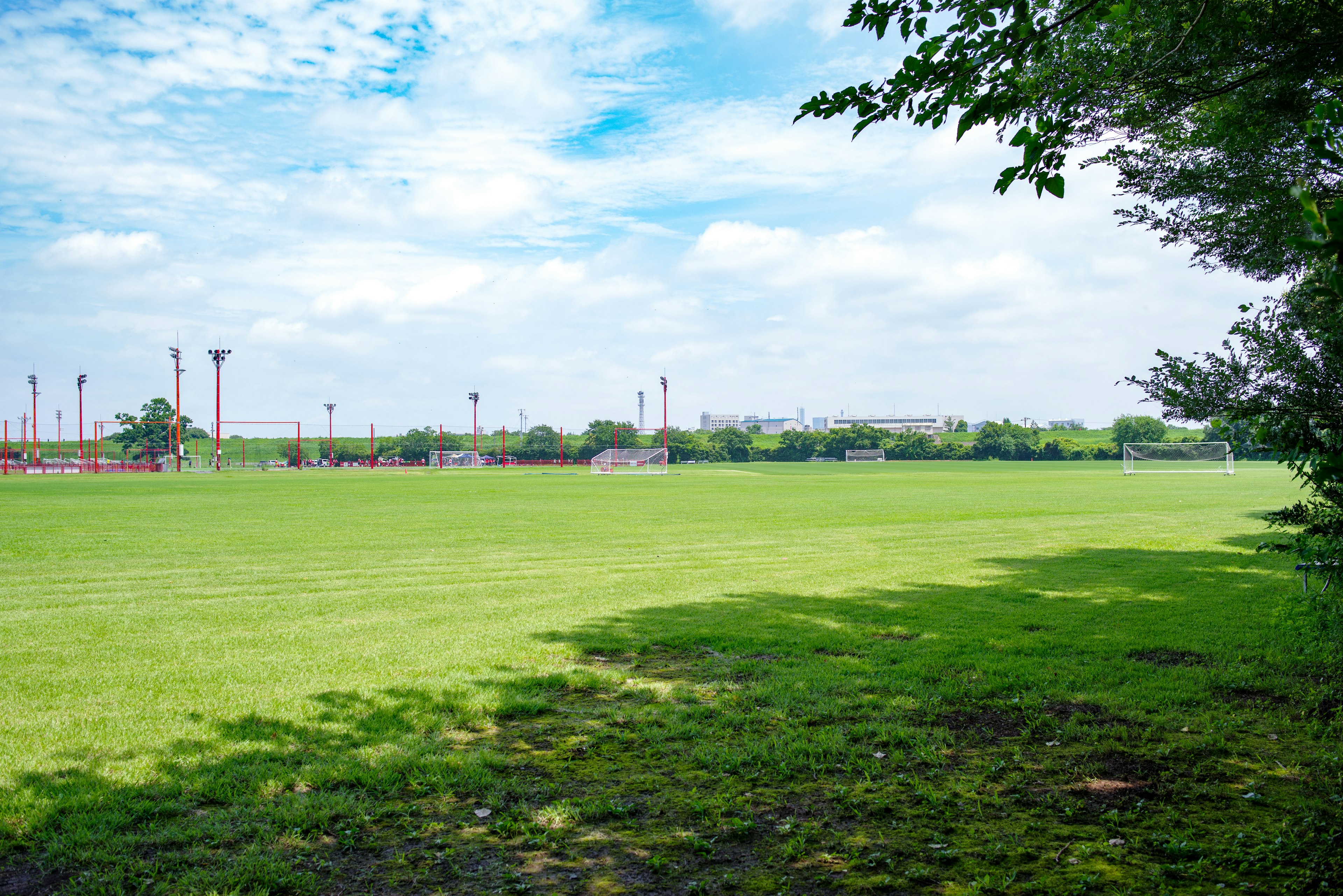 Geräumiges grünes Fußballfeld unter einem blauen Himmel