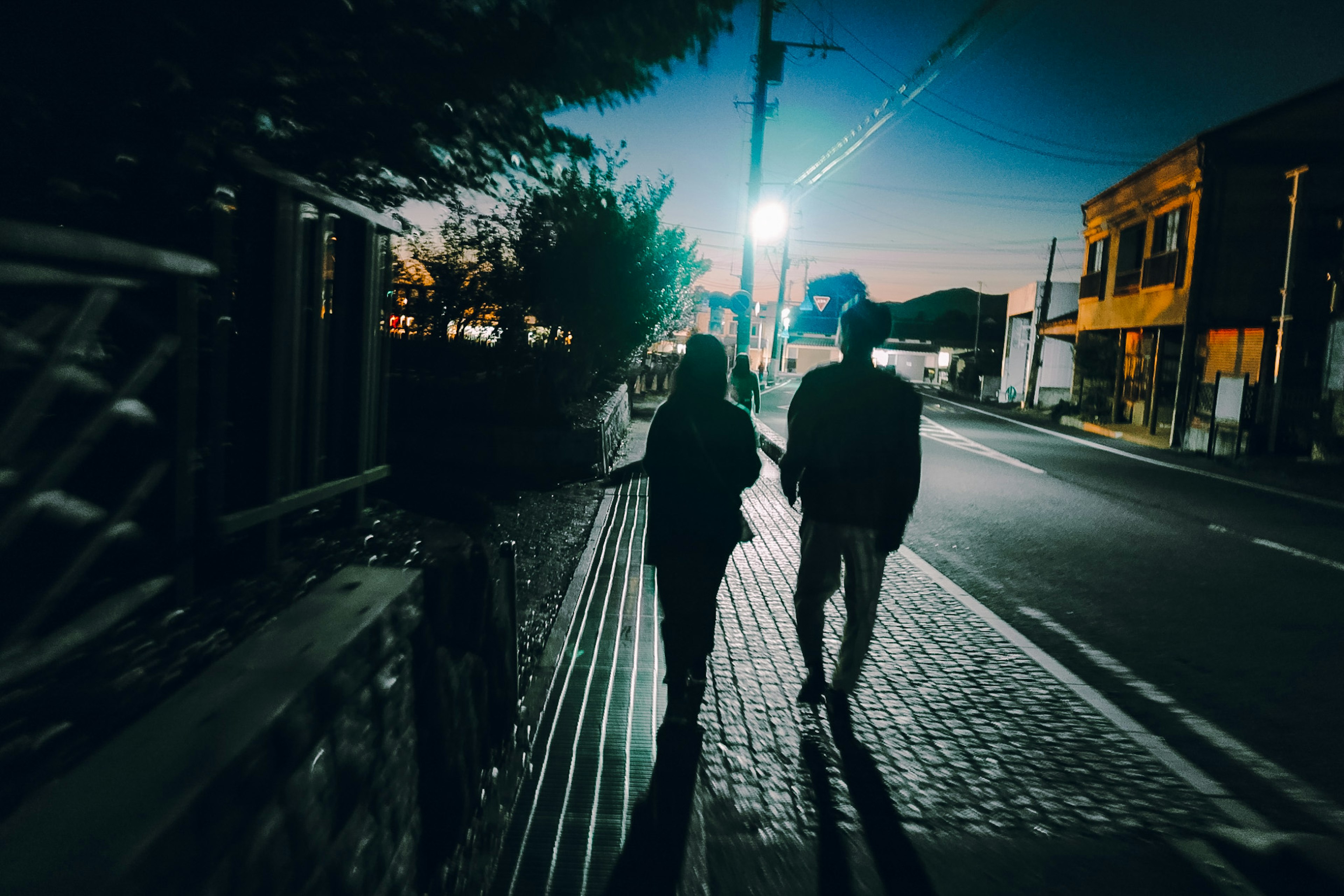 夜の街を歩くカップルのシルエットが映える風景