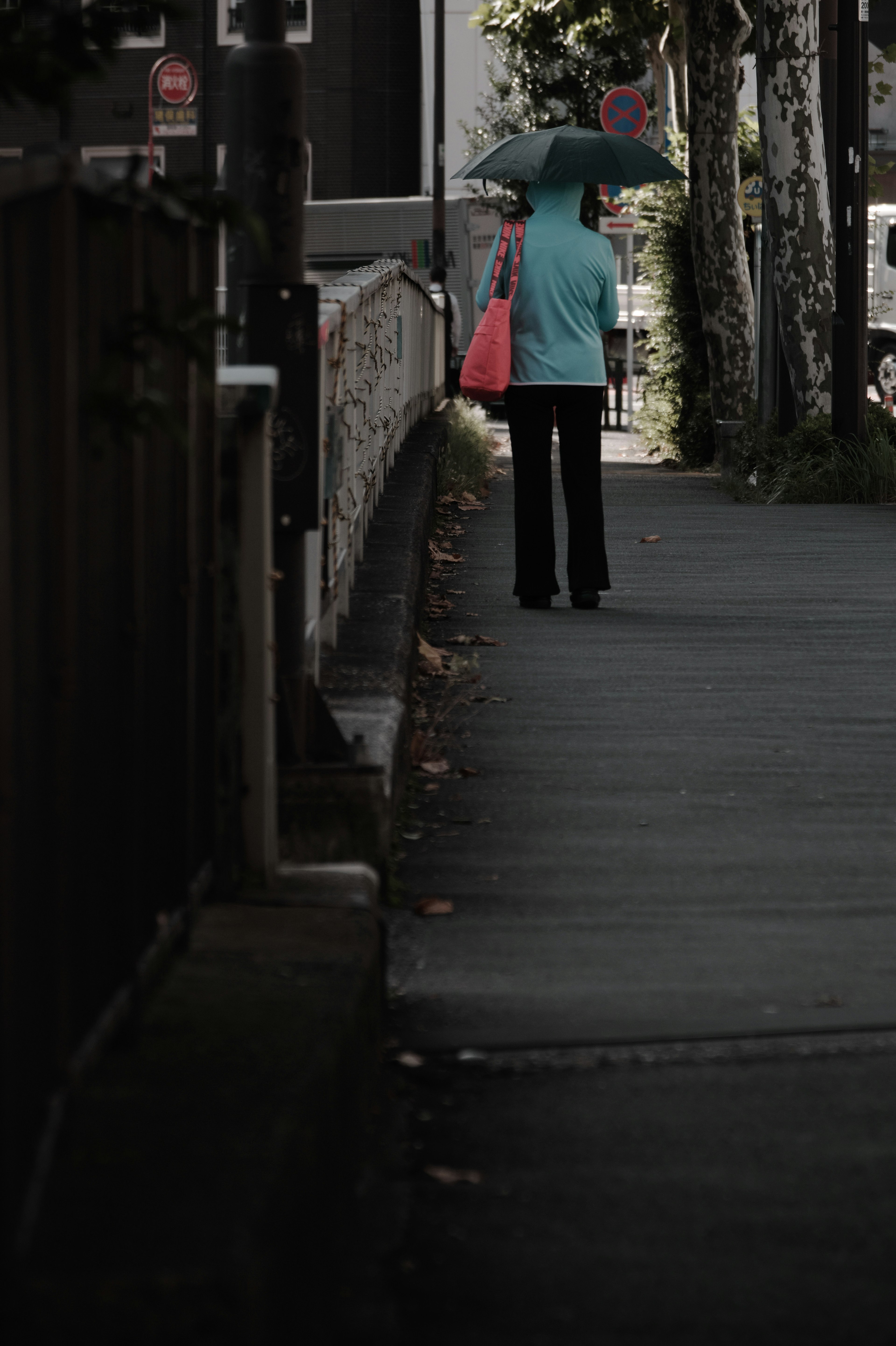 A person in a blue coat holding an umbrella walking on a sidewalk