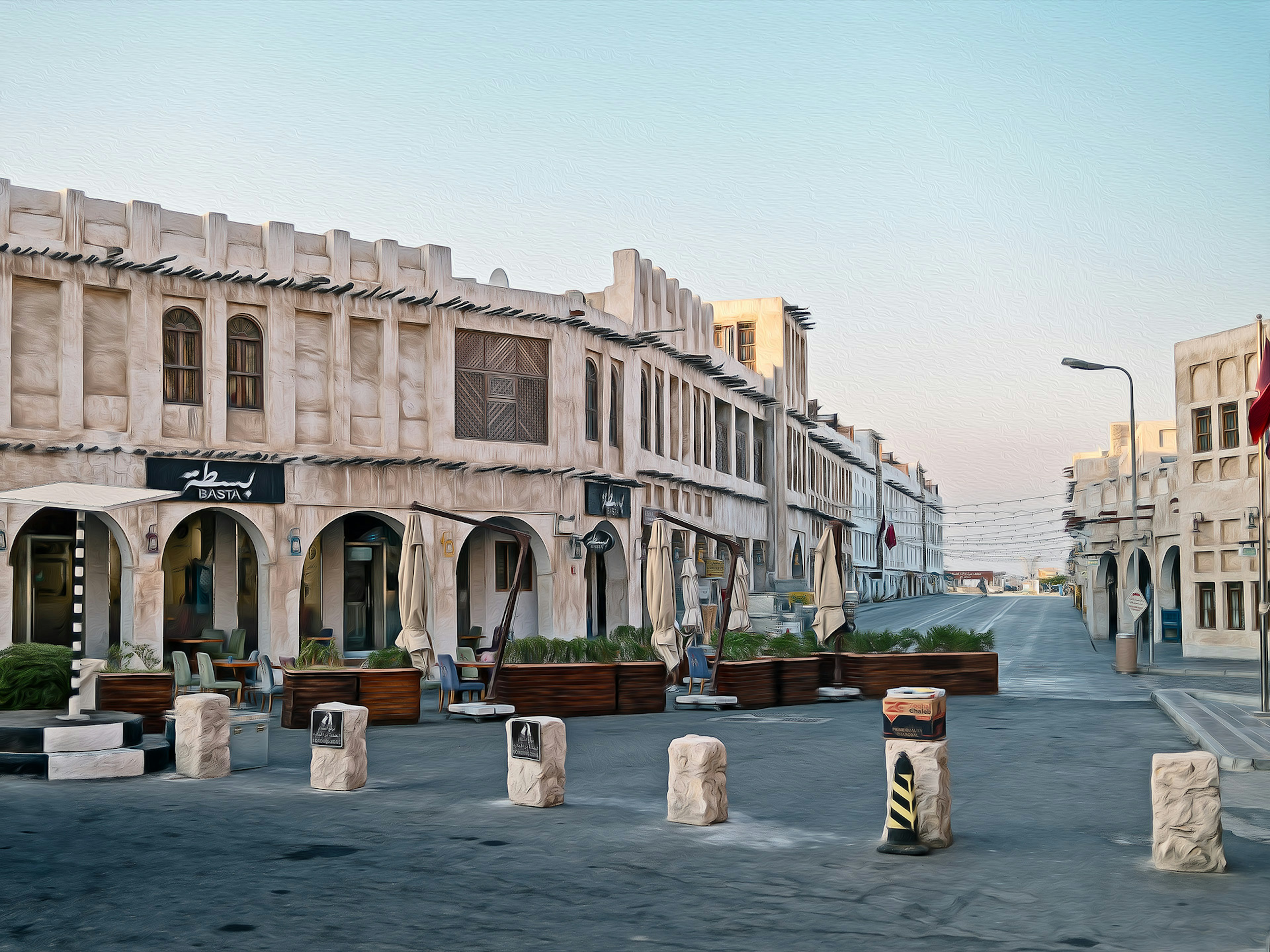 Pemandangan jalan dengan bangunan tradisional di Qatar