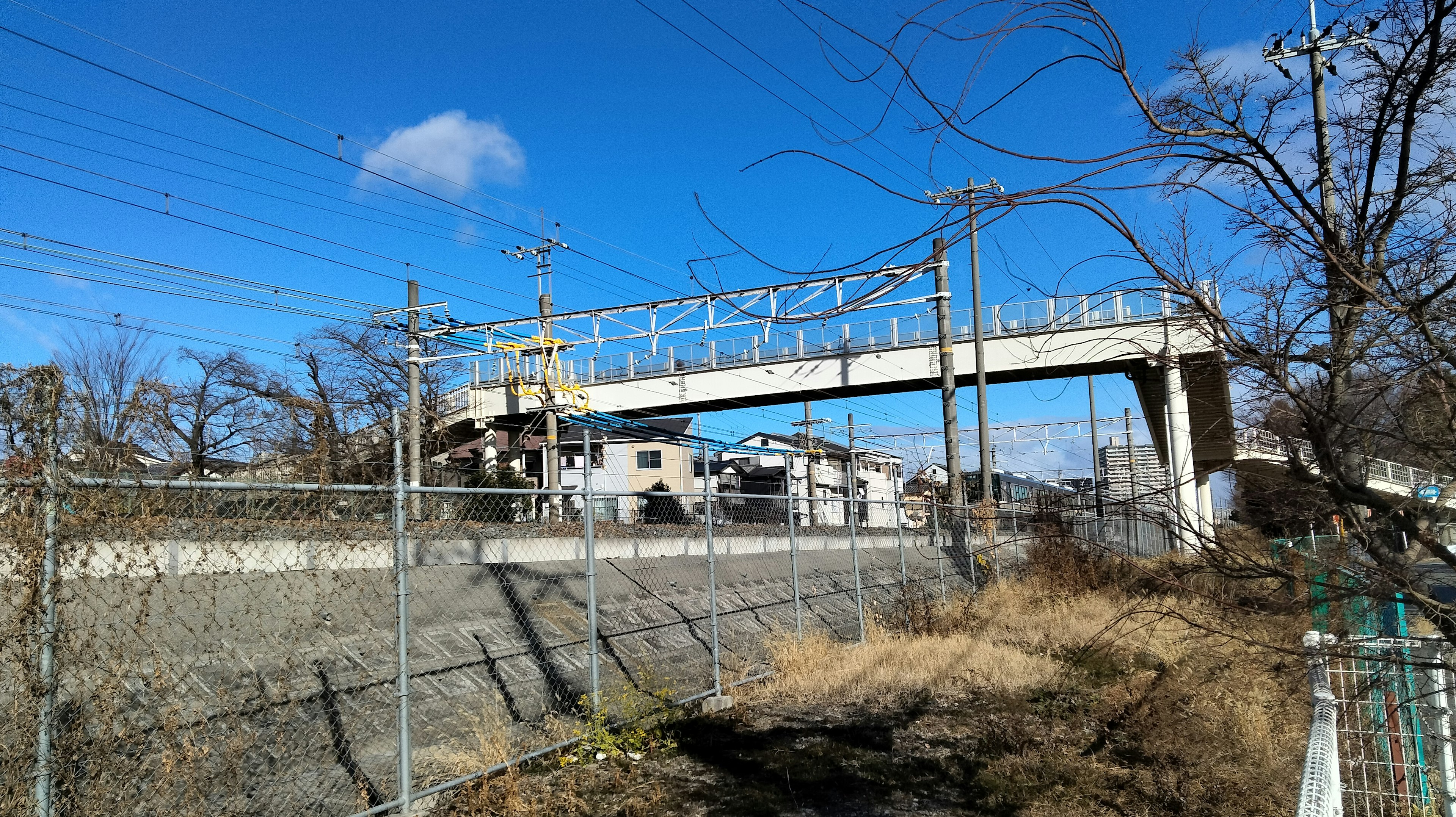 Puente ferroviario bajo un cielo azul claro con paisaje circundante