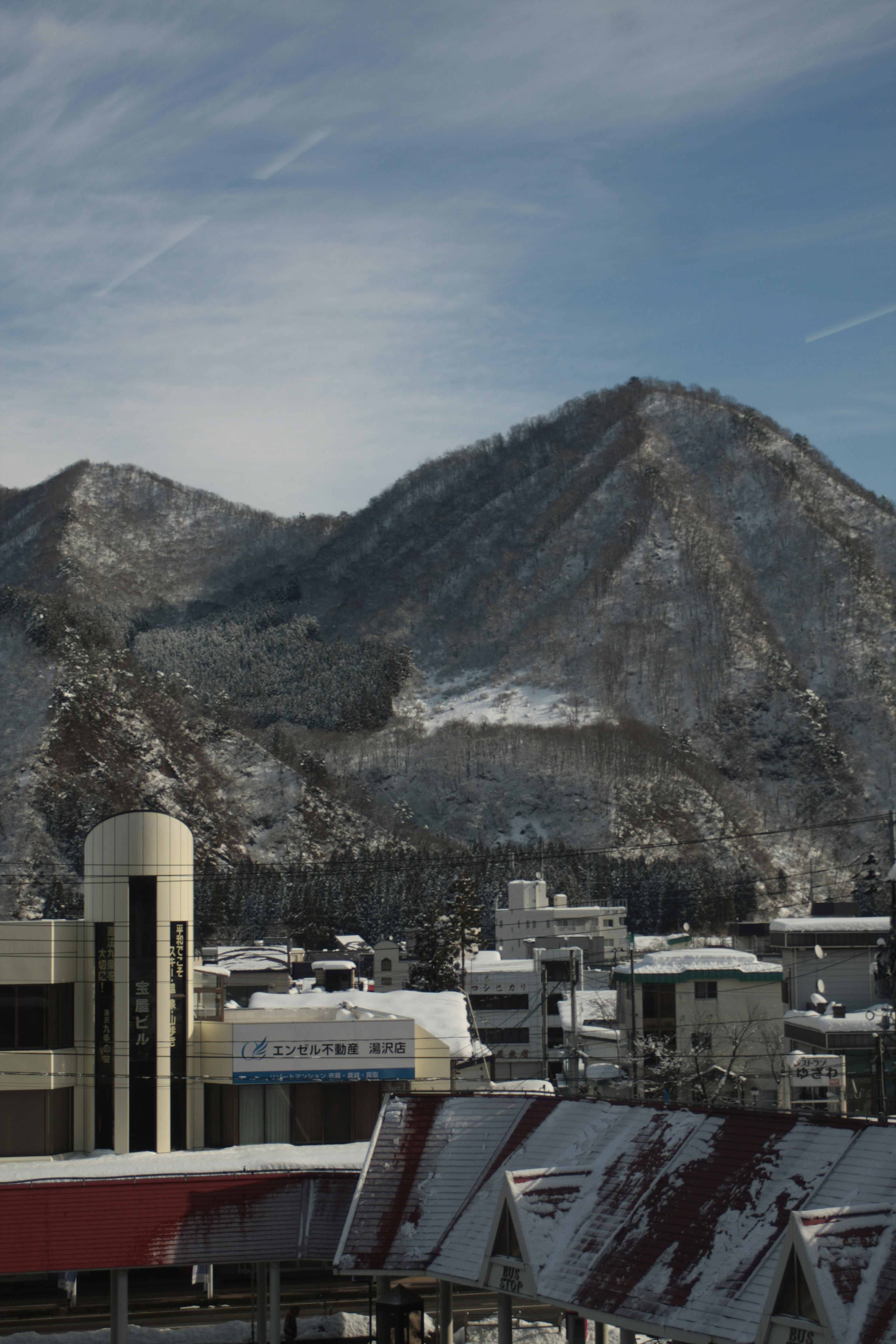 雪覆蓋的山脈和城市景觀