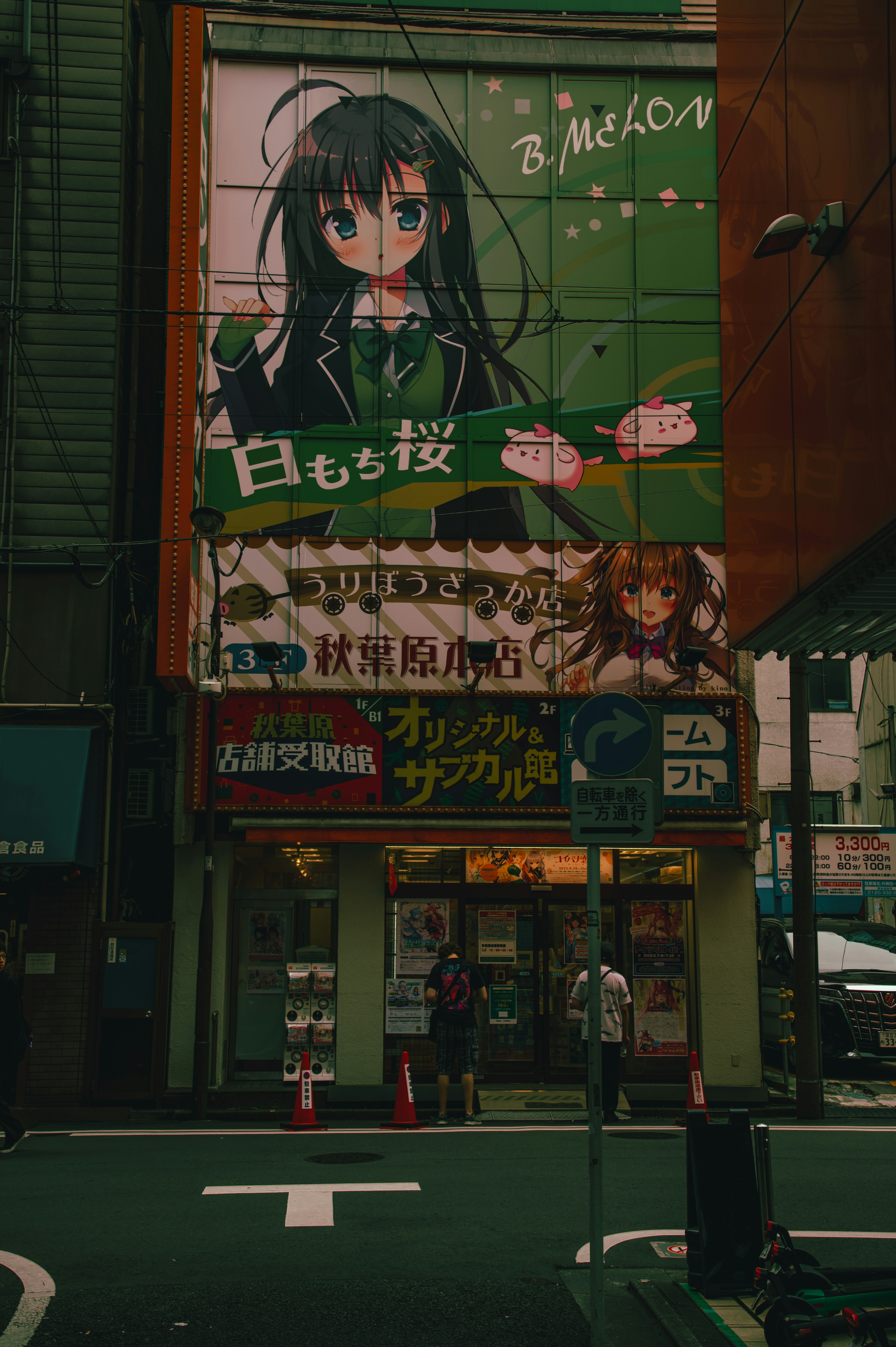 Façade de bâtiment avec un panneau vert et un personnage d'anime