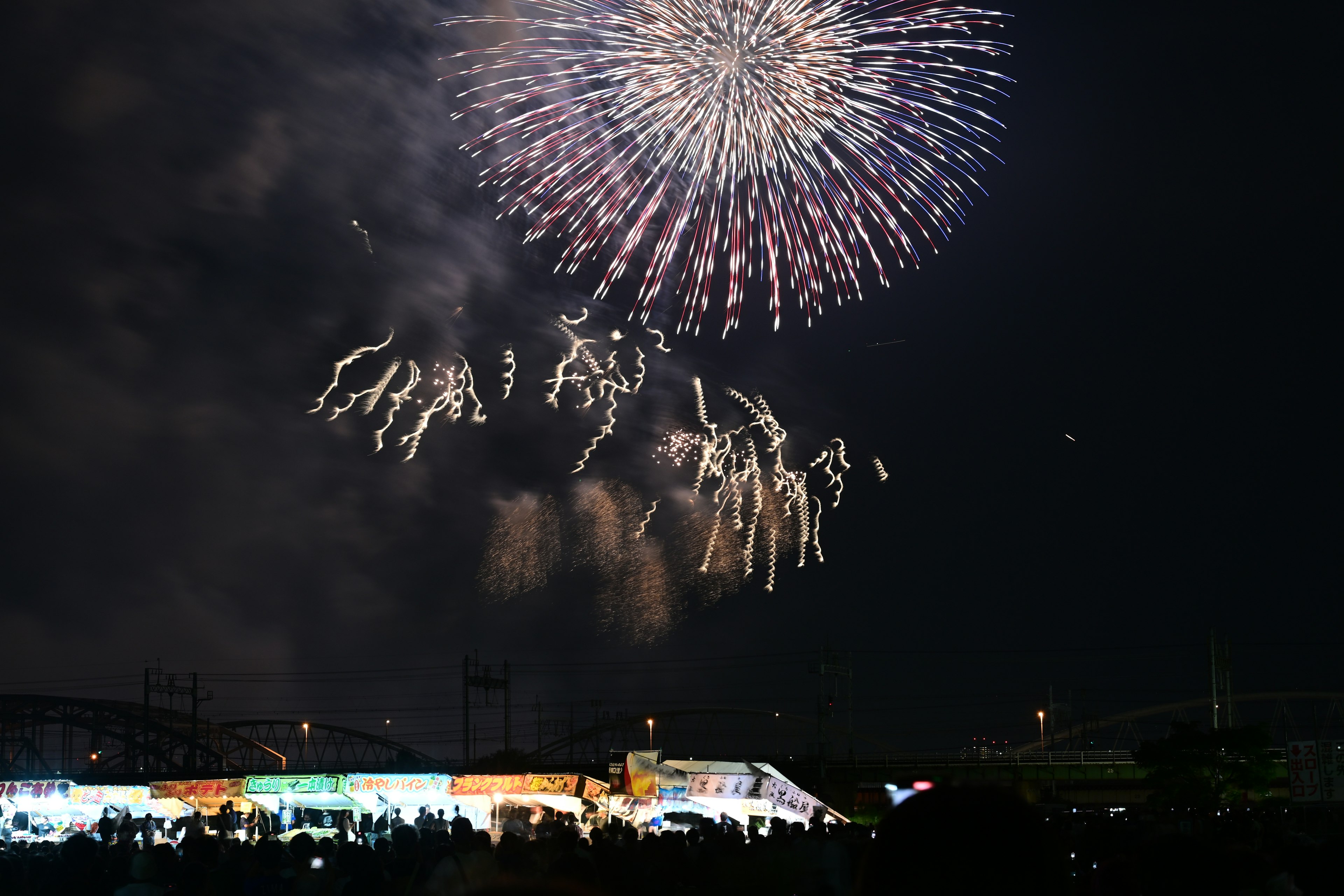 Feuerwerk im Nachthimmel mit Silhouetten von Zuschauern