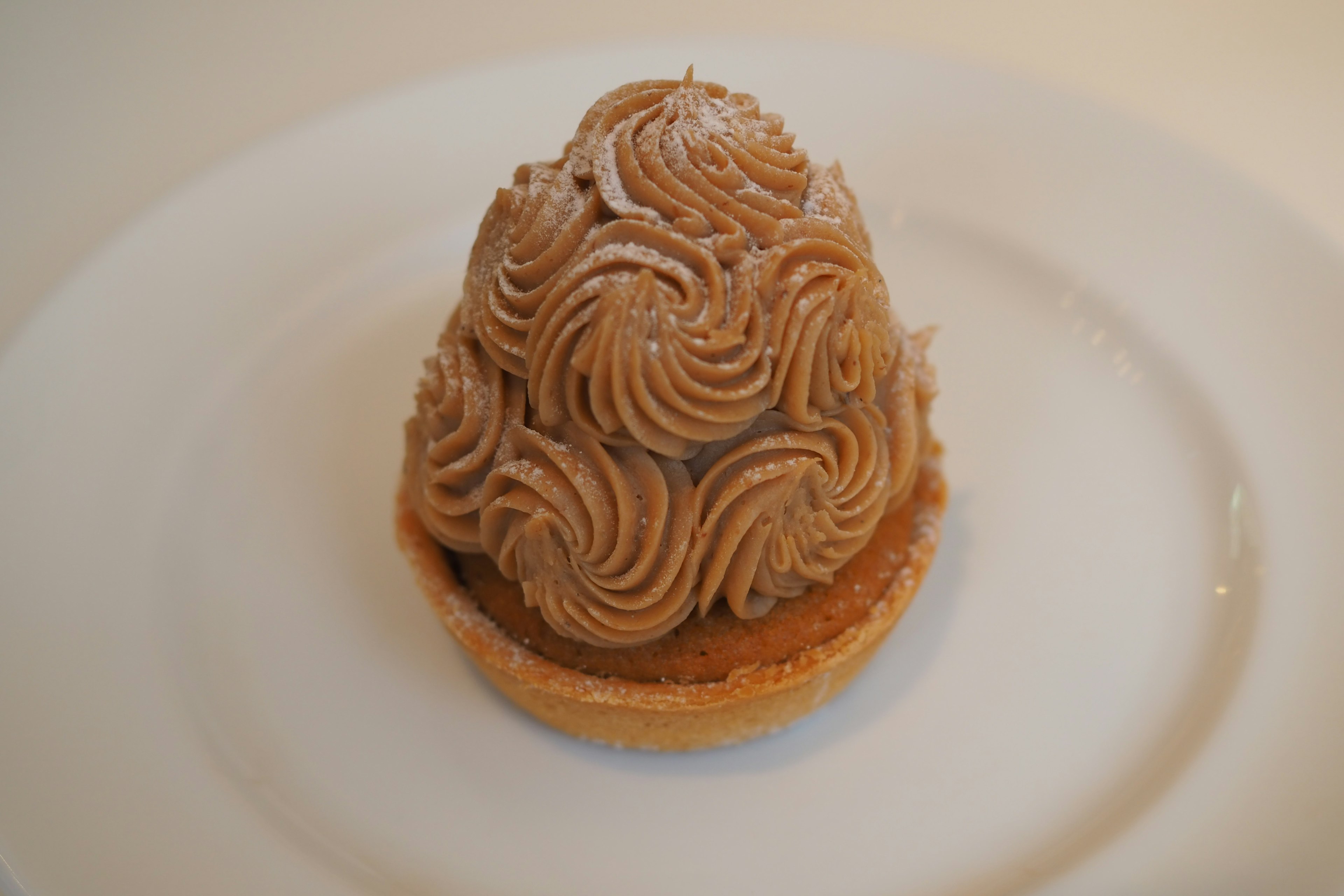 Deliziosa torta Mont Blanc con un intricato design di crema di castagne su un piatto bianco