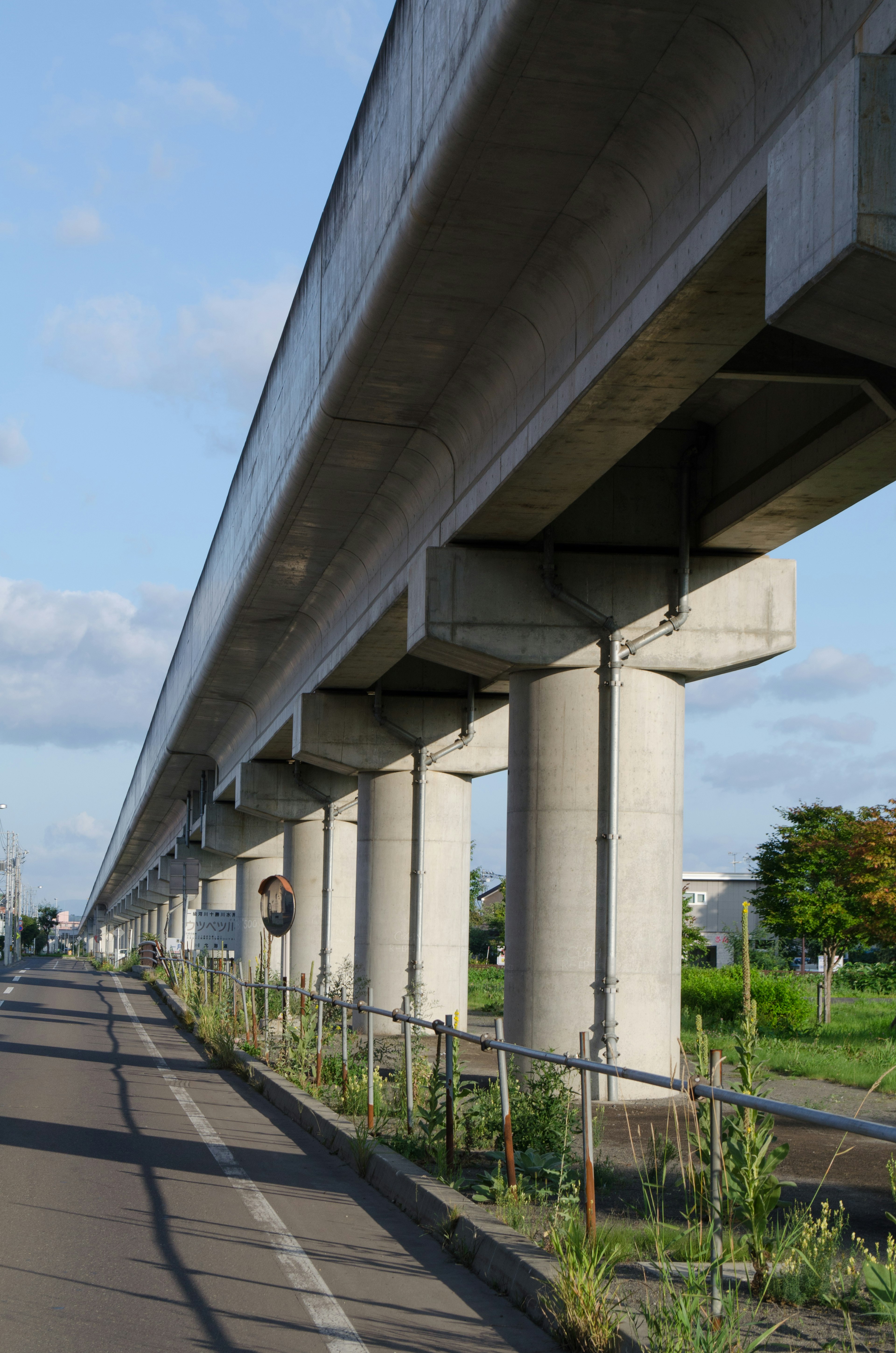 Piloni in cemento che sostengono una strada sopraelevata sotto un cielo blu