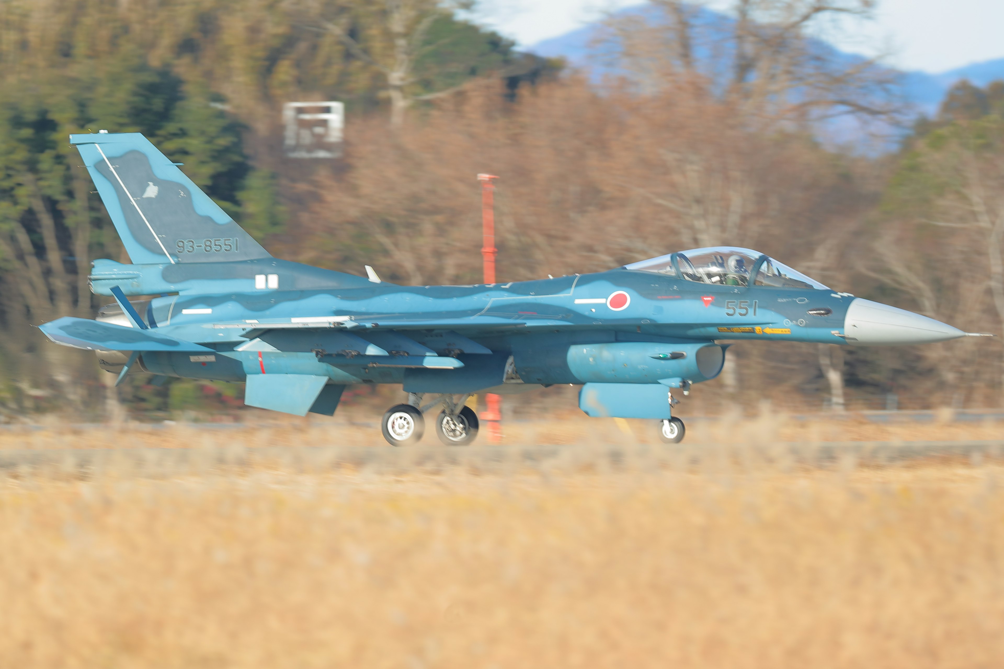 Caza japonés aterrizando con pintura azul y nariz blanca