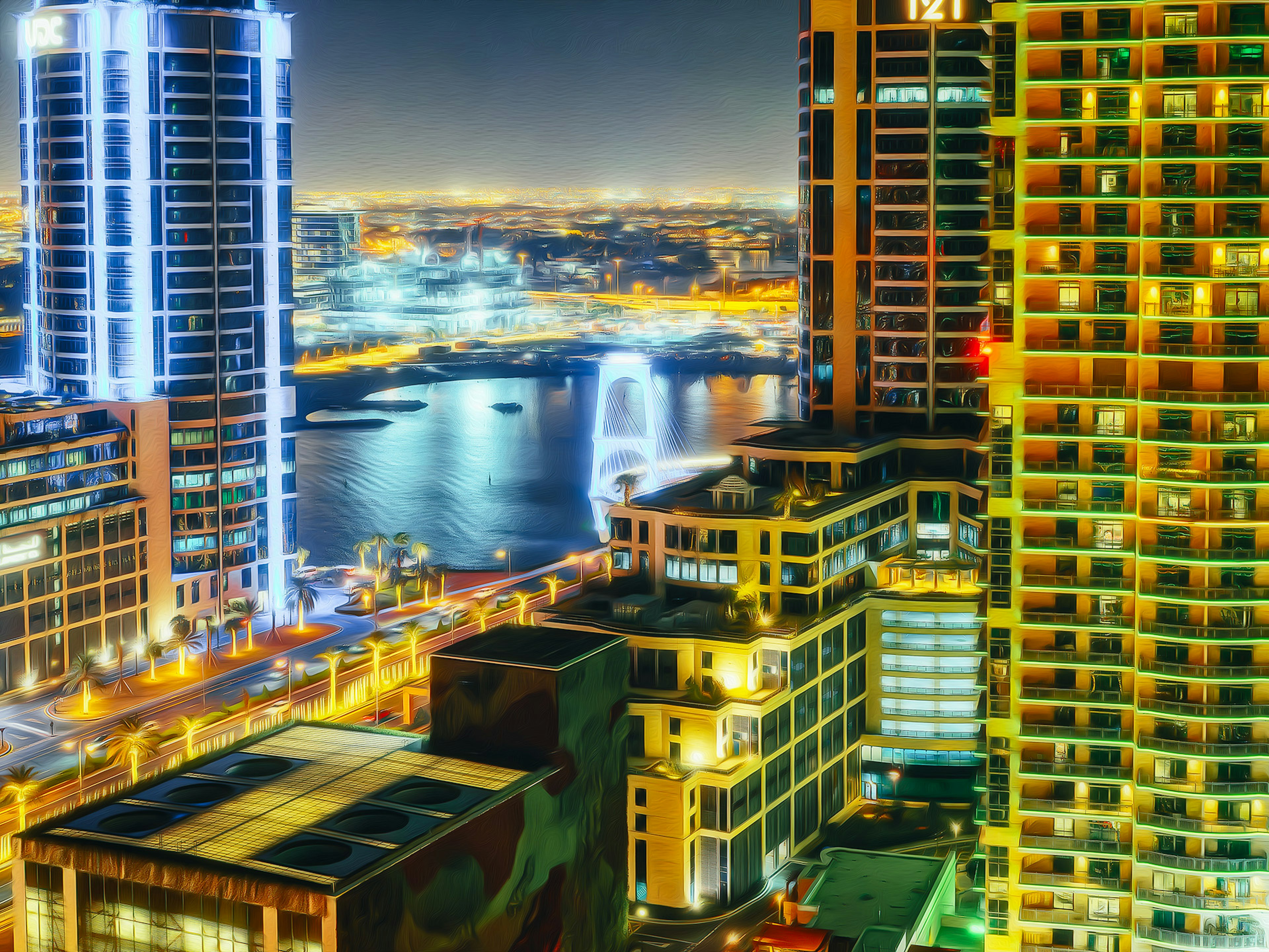 Night cityscape featuring skyscrapers and a river vibrant lighting