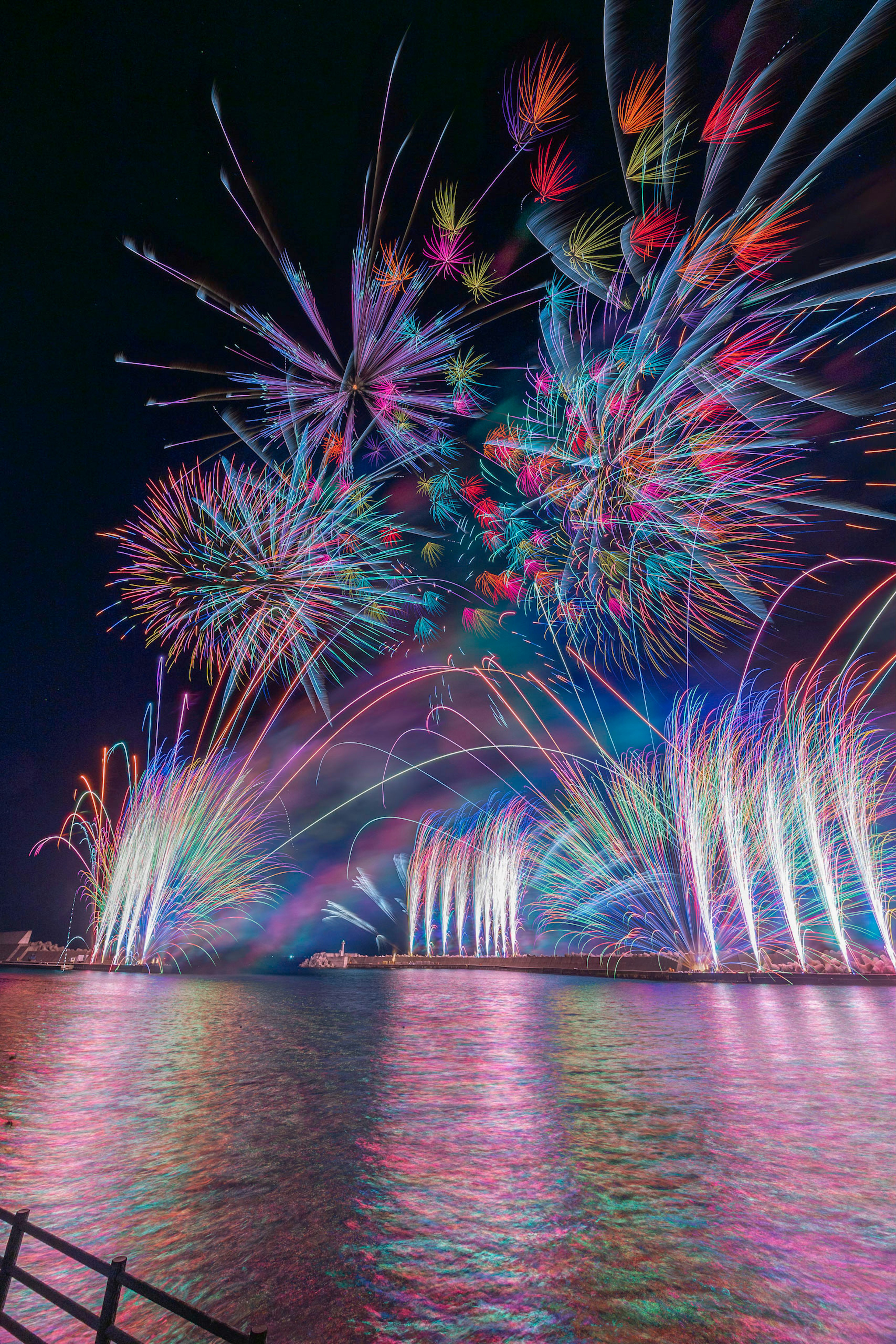 夜空に広がるカラフルな花火と水面に映る光