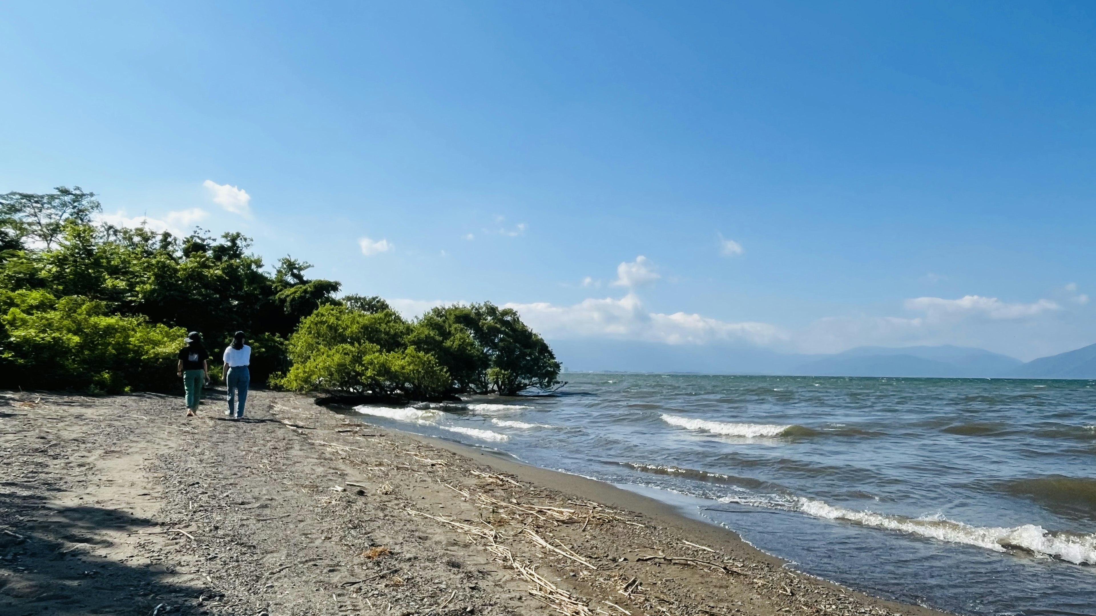 青空と波がある湖のビーチに散歩する人々