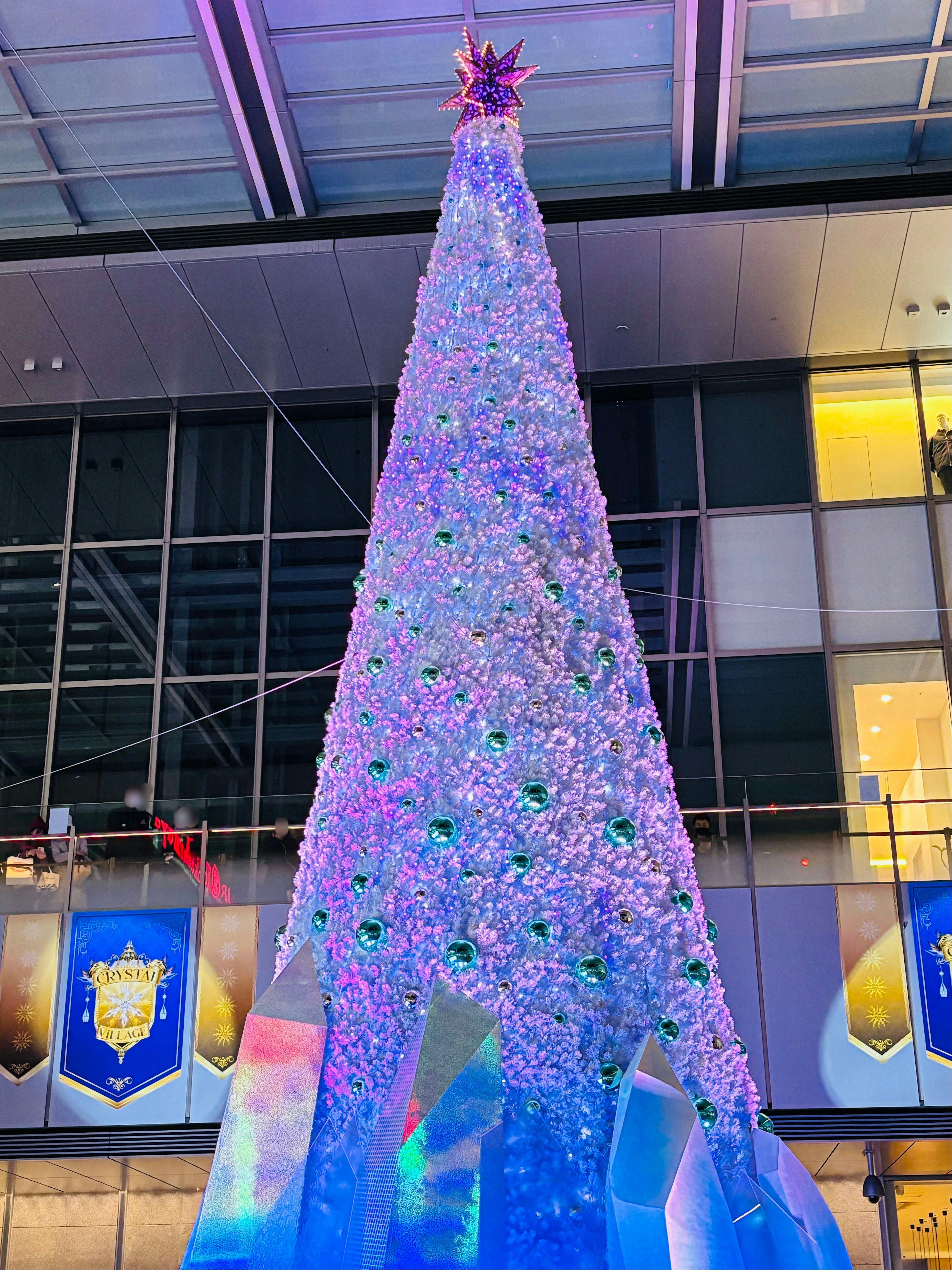 Pohon Natal yang diterangi di depan sebuah bangunan