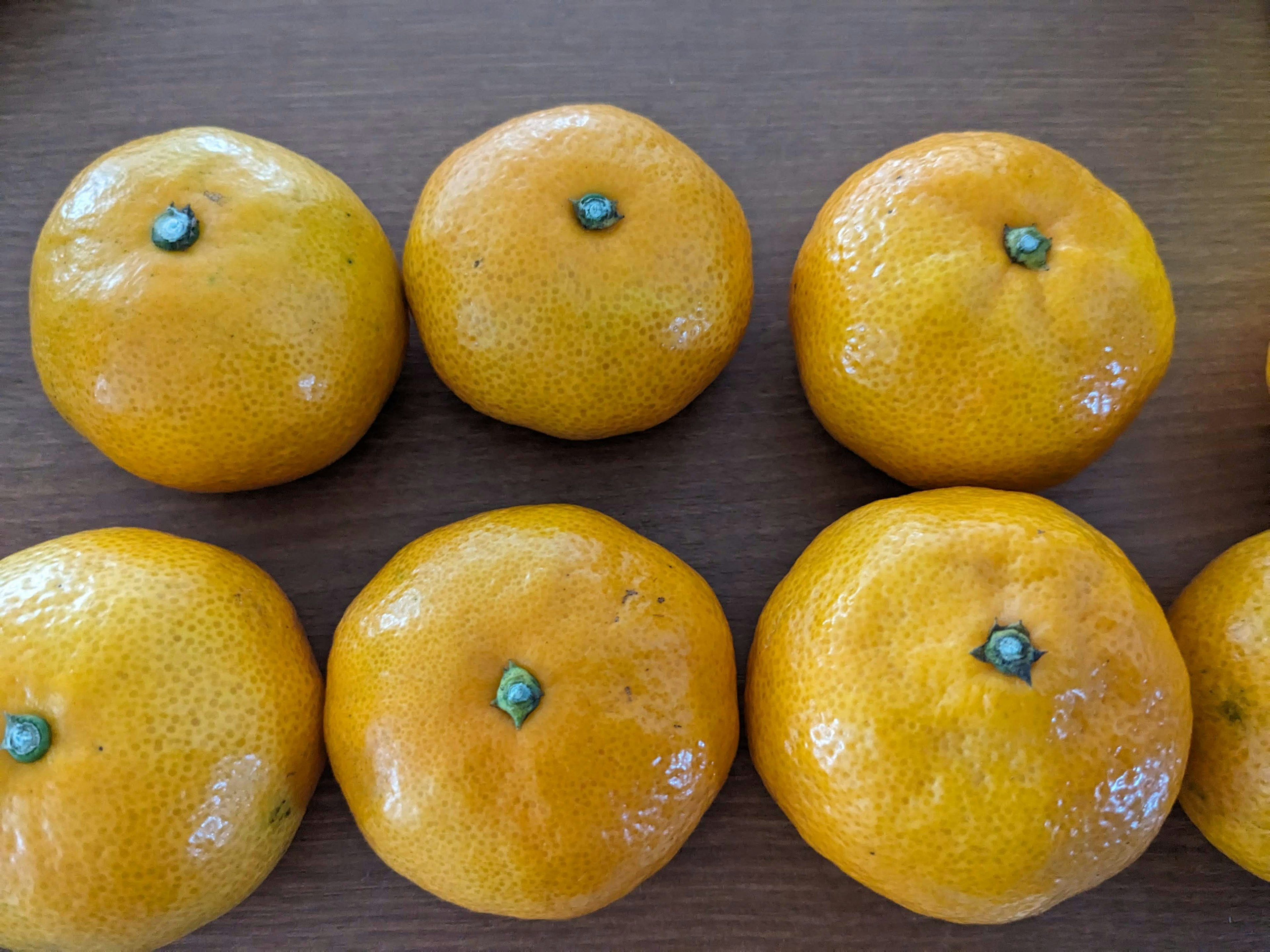 Oranges arranged neatly on a wooden table